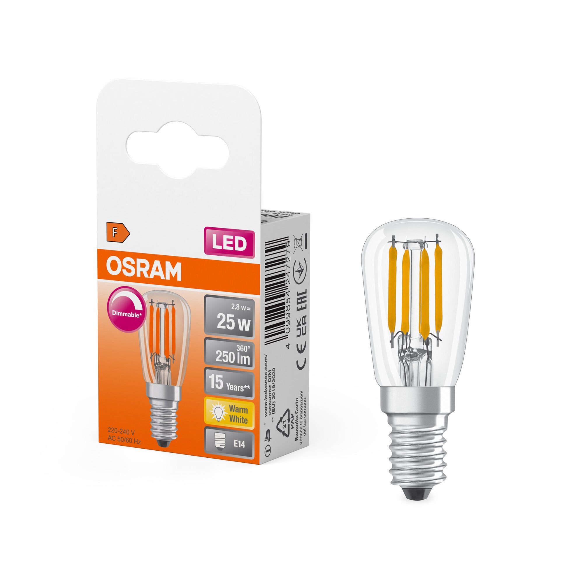 OSRAM LED spéciaen forme de goutte, transparente, multicolore, 2,8 W, 250 lm, 2700 K pour lumière blanc chaud, culot E14, diamètre 26 mm, EEK F, - 4