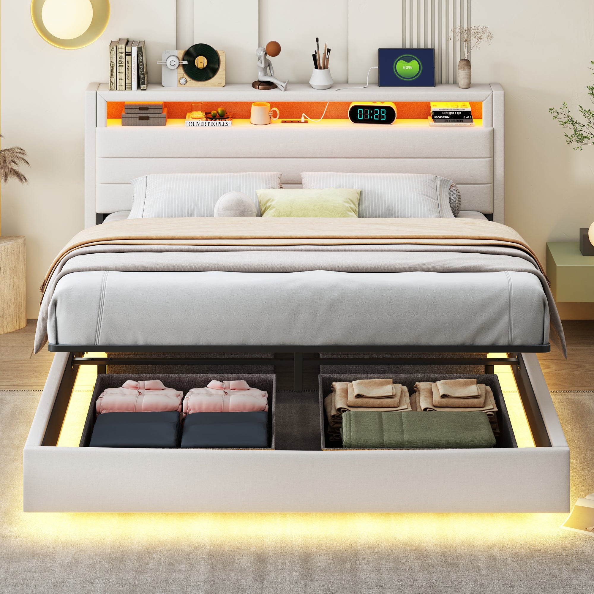 Lit coffre 160 x 200 cm avec tête de lit coffre et compartiments - LEDs et prise USB - Tissu en lin - Beige - 3
