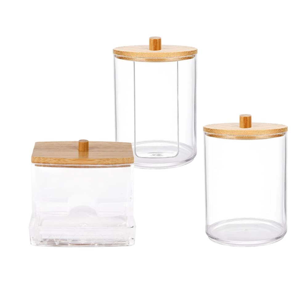 Boîte à Coton Tige 3 Pièces Distributeur de Coton à Démaquiller Boîte Coton Tige Transparent Supports en Acrylique avec Couvercles en Bambou Boîte - 3