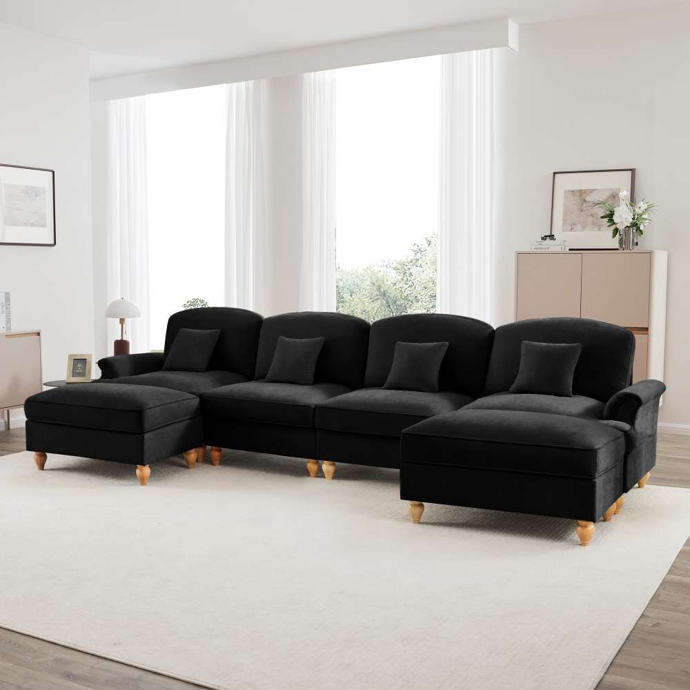 Divano modulare U 4 posti in chenille morbida con gonna removibile, braccioli a trombetta, gambe a spillo e pouf mobile –divano trasformabile 2 design - 4