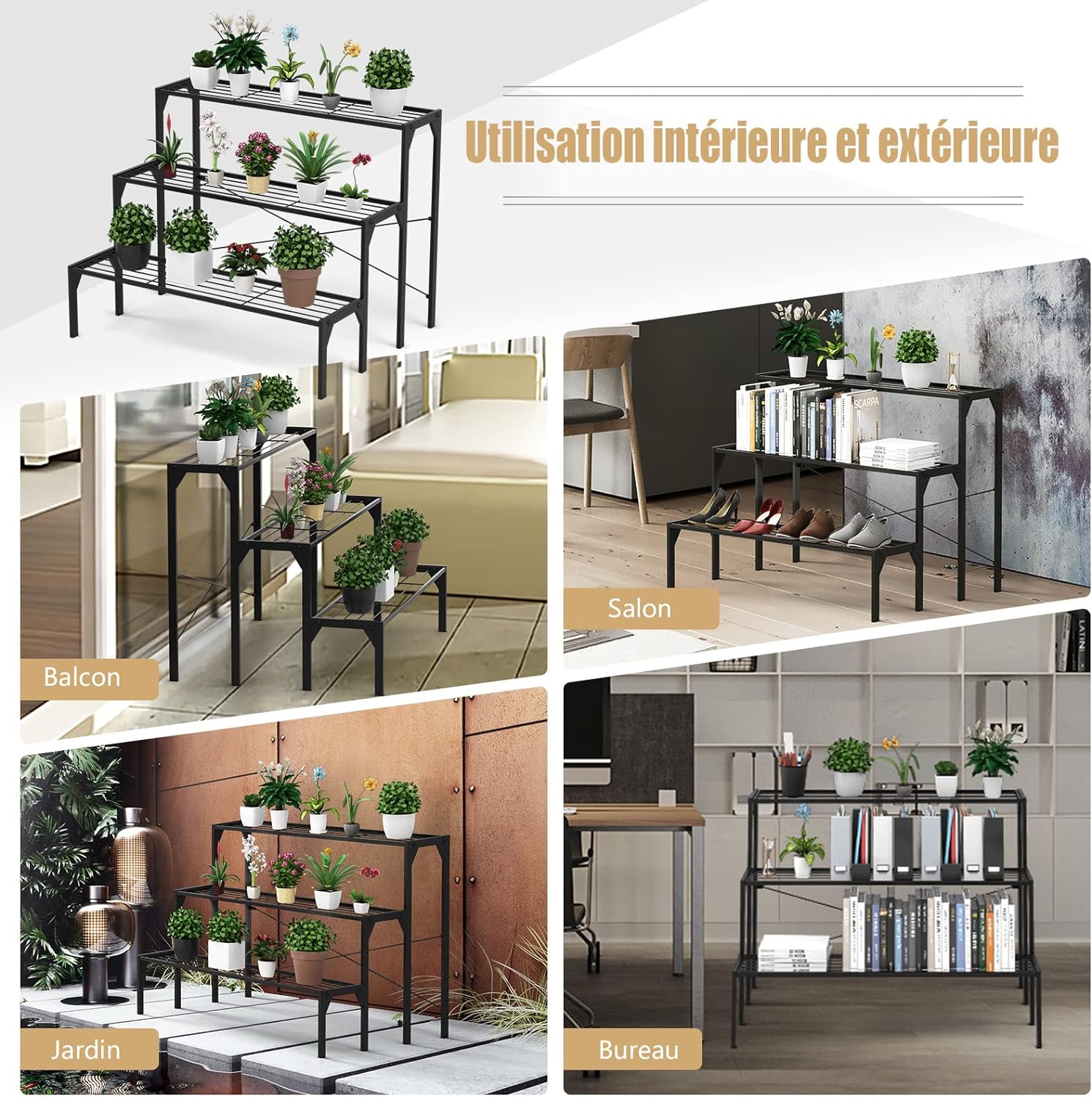 Scaffale Portafiori a 3 Ripiani, Porta Piante da Esterno e Interno a Scala, Scaffale Porta Vasi di Metallo per Balcone, Soggiorno e Giardino - 4