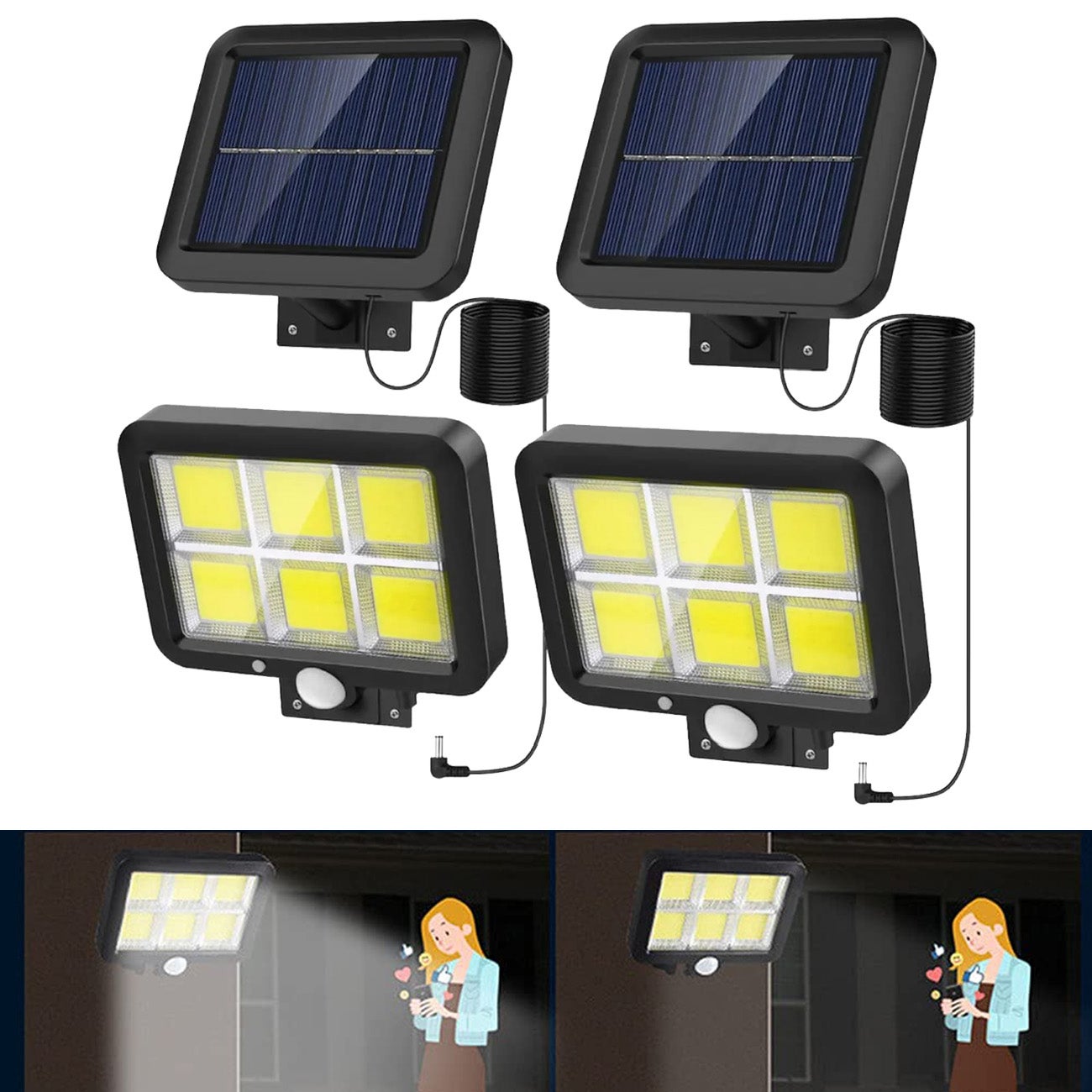 Zestaw lamp solarnych z czujnikiem ruchu m kabli tryby oświetlenia wodoodporne białe światło K do garażu i ogrodu