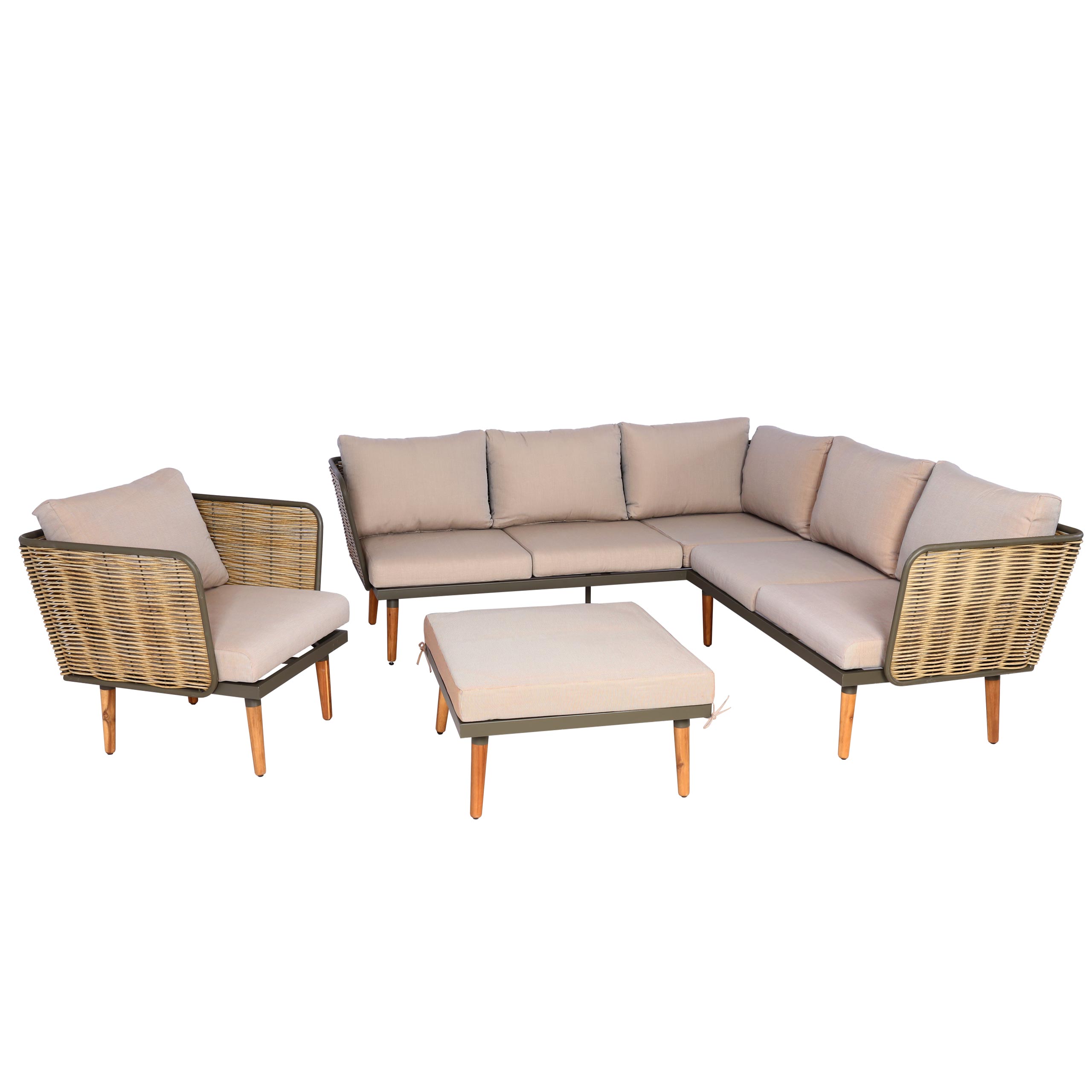 Zestaw ogrodowy HWC-L31, zestaw wypoczynkowy Sofa Outdoor, Spun Poly Metal Poly-Rattan Certyfikat MVG ~ beżowo-brązowy