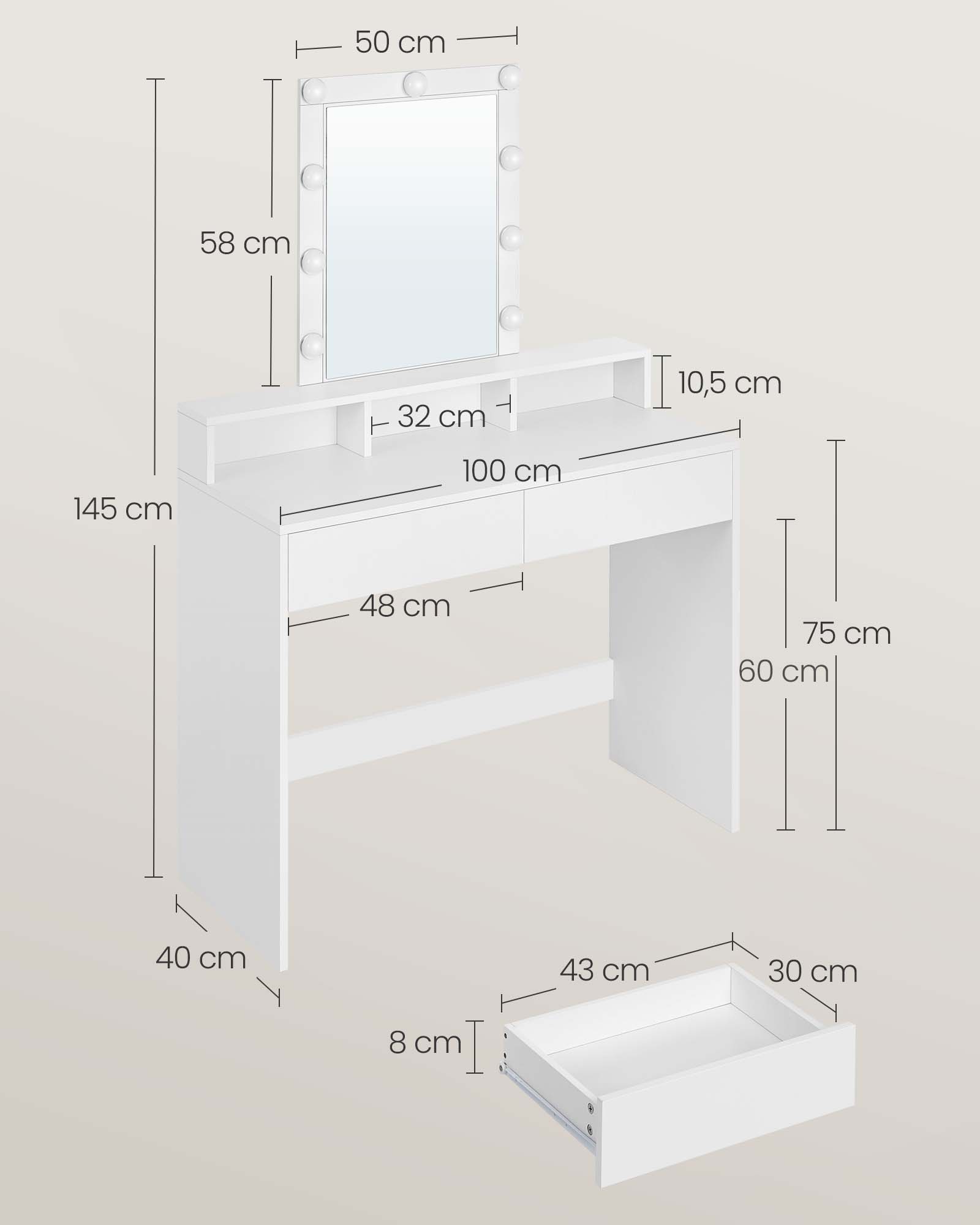 Coiffeuse, Miroir avec LED à Luminosité Réglable, 2 Tiroirs et 3 Compartiments, 100 x 40 x 145 cm (L x P x H), Blanc - 4