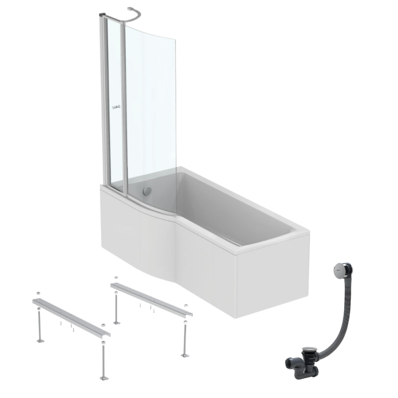 Ideal standard connect air 170 x 80 cm, conjunto para bañera/ducha izquierda + delantal + mampara con tapa + patas + desagüe cromado