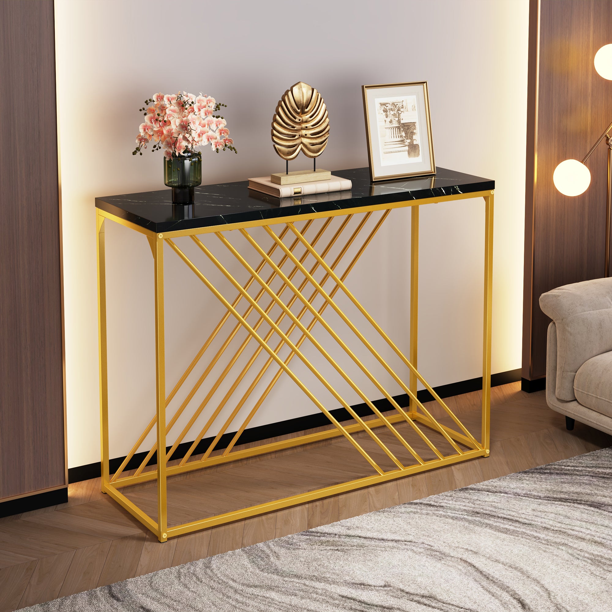 Table console moderne - 100 x 35 x 77 cm - MDF et pieds en métal dorés - pour salon, couloir - Plateau en effet marebre - Noir - 2