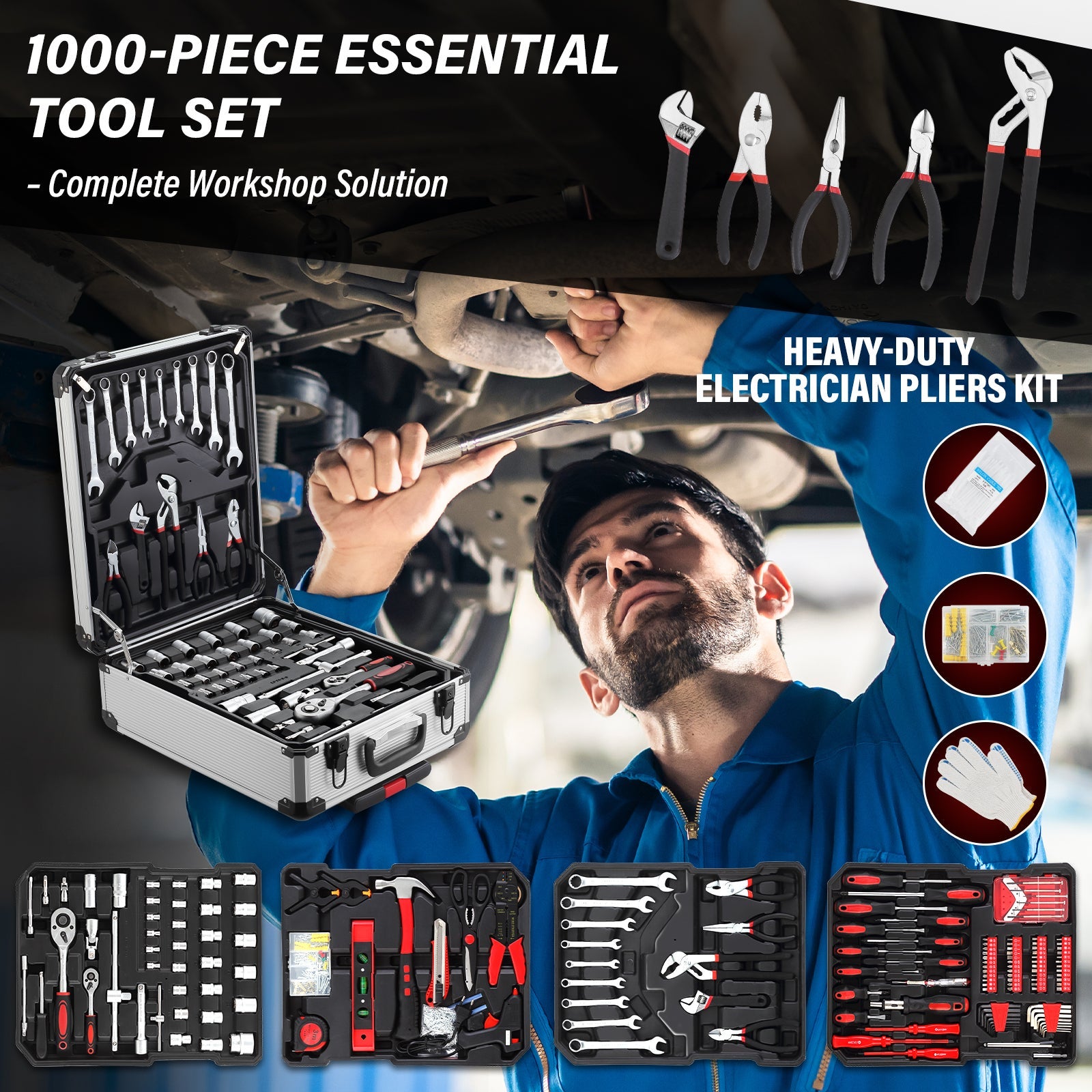 TEENO Coffret à Outils 1000 Pièces Professionnel - Valise Roulante Aluminium avec Poignée Télescopique et Outils Chrome Vanadium pour Mécanique - 5
