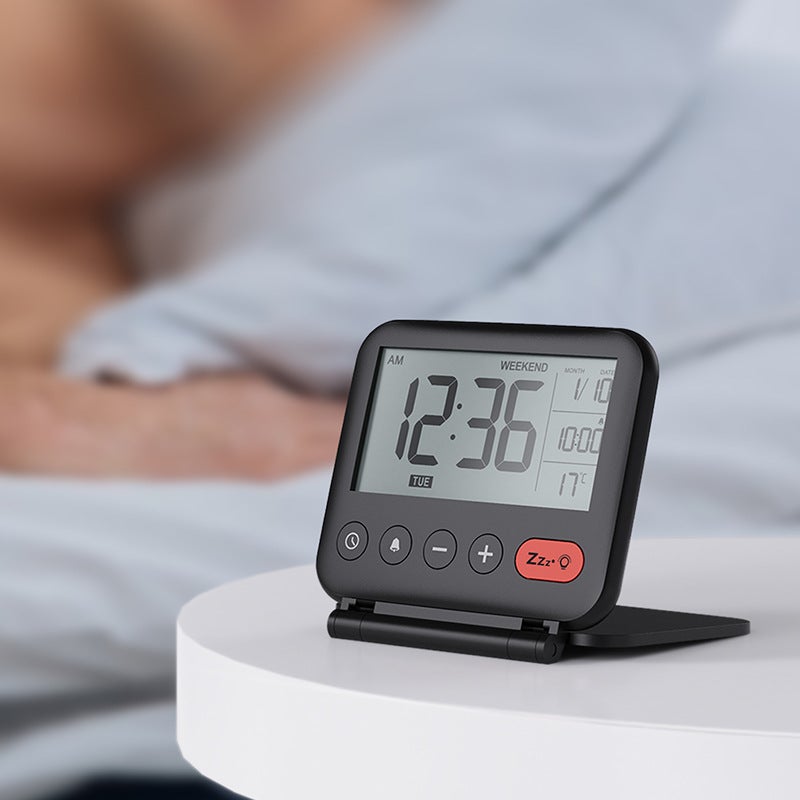 Réveil de voyage Mini portable LCD numérique avec calendrier rétroéclairé, affichage de la température 12/24h, miroir de maquillage, petit réveil de - 4