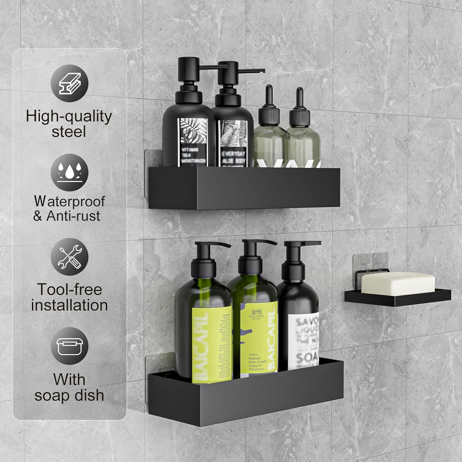 Étagère De Douche Sans Perçage, 5 Pièces, Accessoires De Salle De Bain En Acier Inoxydable 304 Noir 96359682