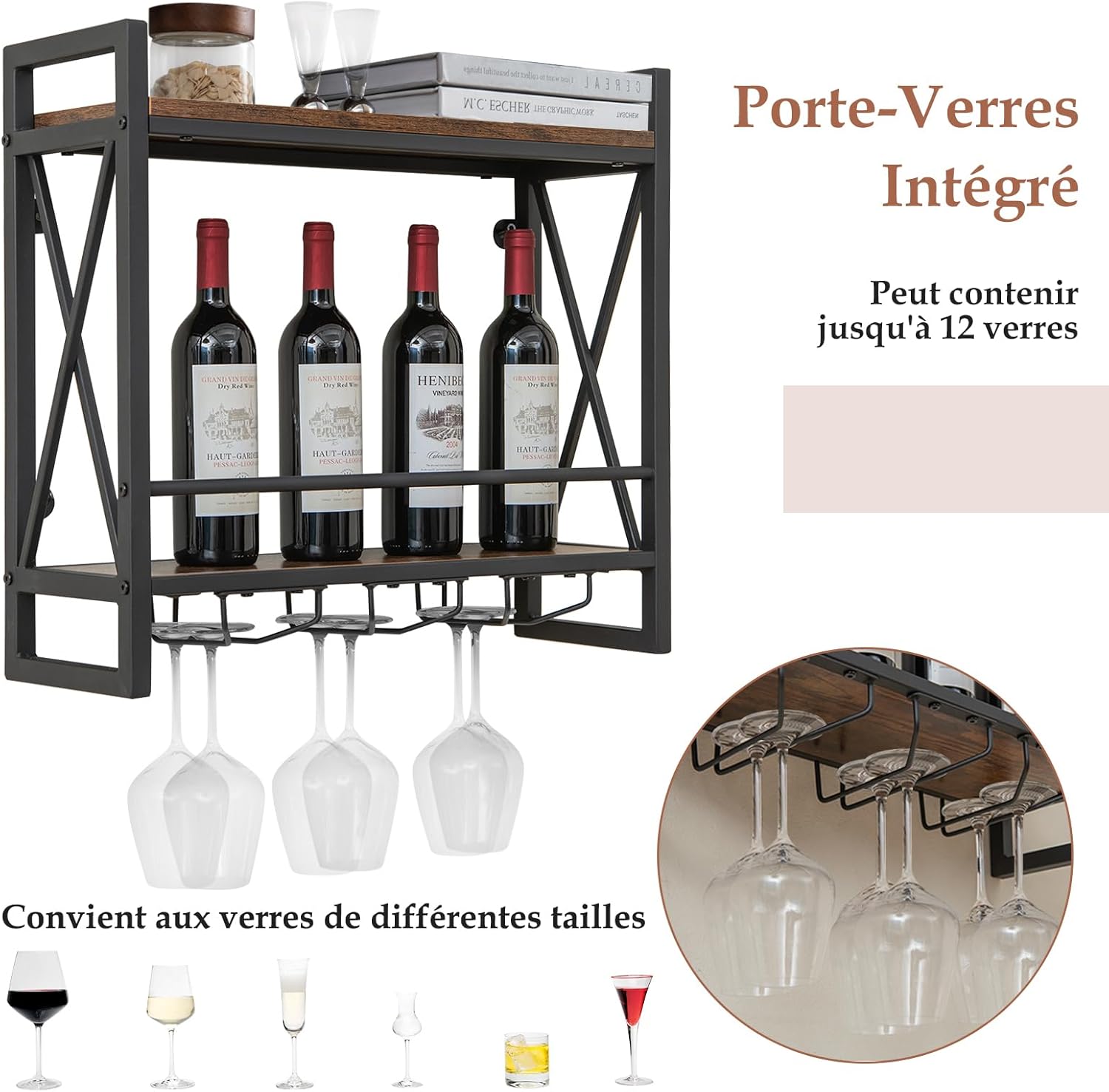 Portabottiglie da parete nero con porta bicchieri e barra luminosa a LED, elegante mensola galleggiante per bottiglie di liquori, ideale per casa, bar o cucina, design moderno (100 x 51 cm