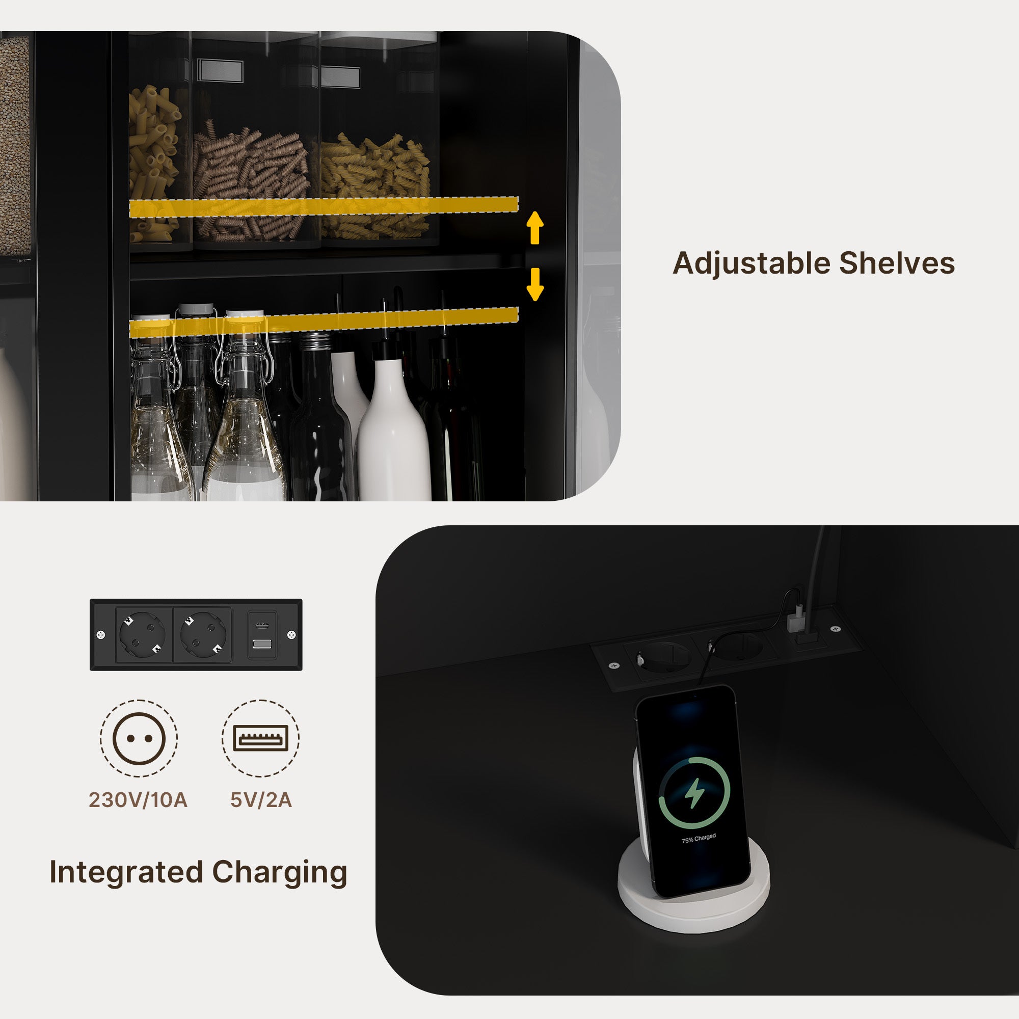 Meuble de rangement cuisine haut,100 cm,noir,avec 2 tiroirs et 6 portes,portes vitrées et prises USB - 5