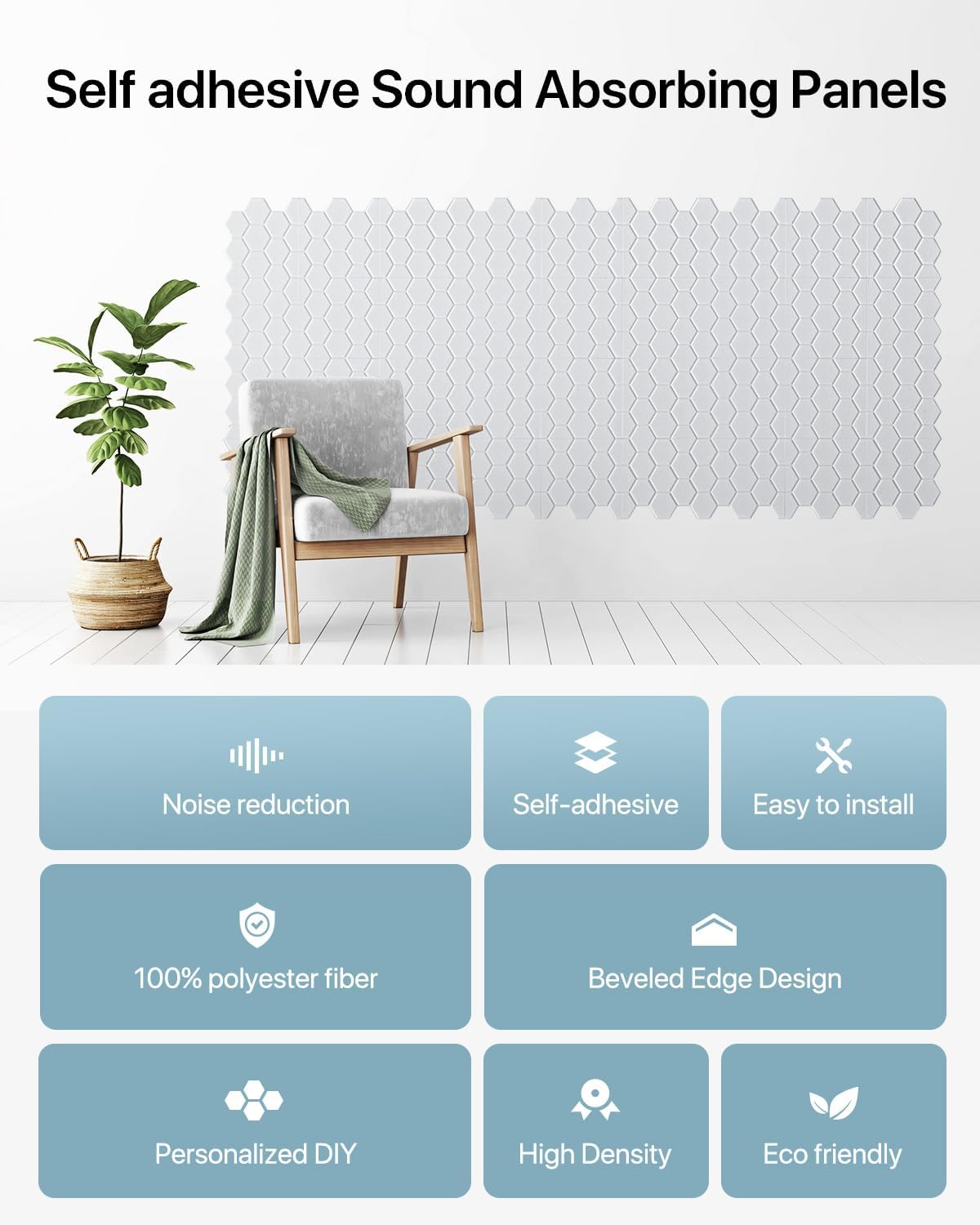 Lote de 12 paneles acústicos autoadhesivos, relleno insonorizante de poliéster, paneles murales insonorizantes de alta densidad, 30 x 30 cm, blanco - 7