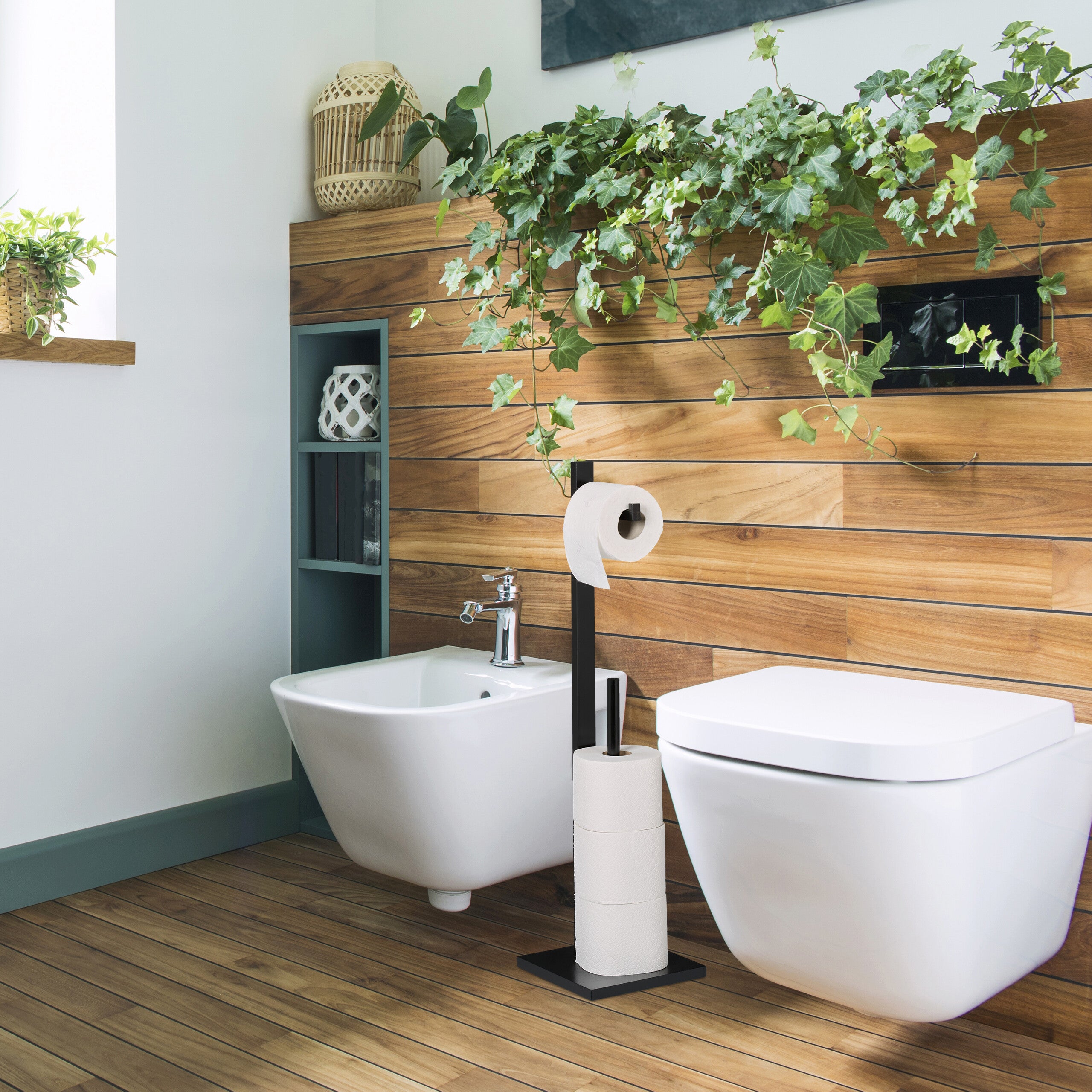 Lot Support Papier Toilette + Rangement Bambou - Pour 4 Rouleaux - Fixation Murale Et Libre