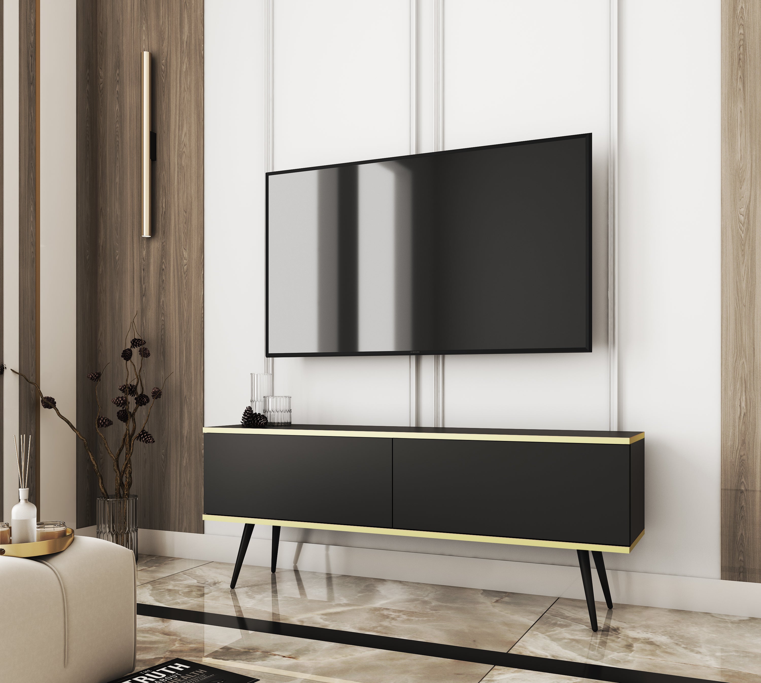 Szafka RTV, czarny, czarne nogi, 135 x 30 x 52 cm, otwierany na wcisk - 2