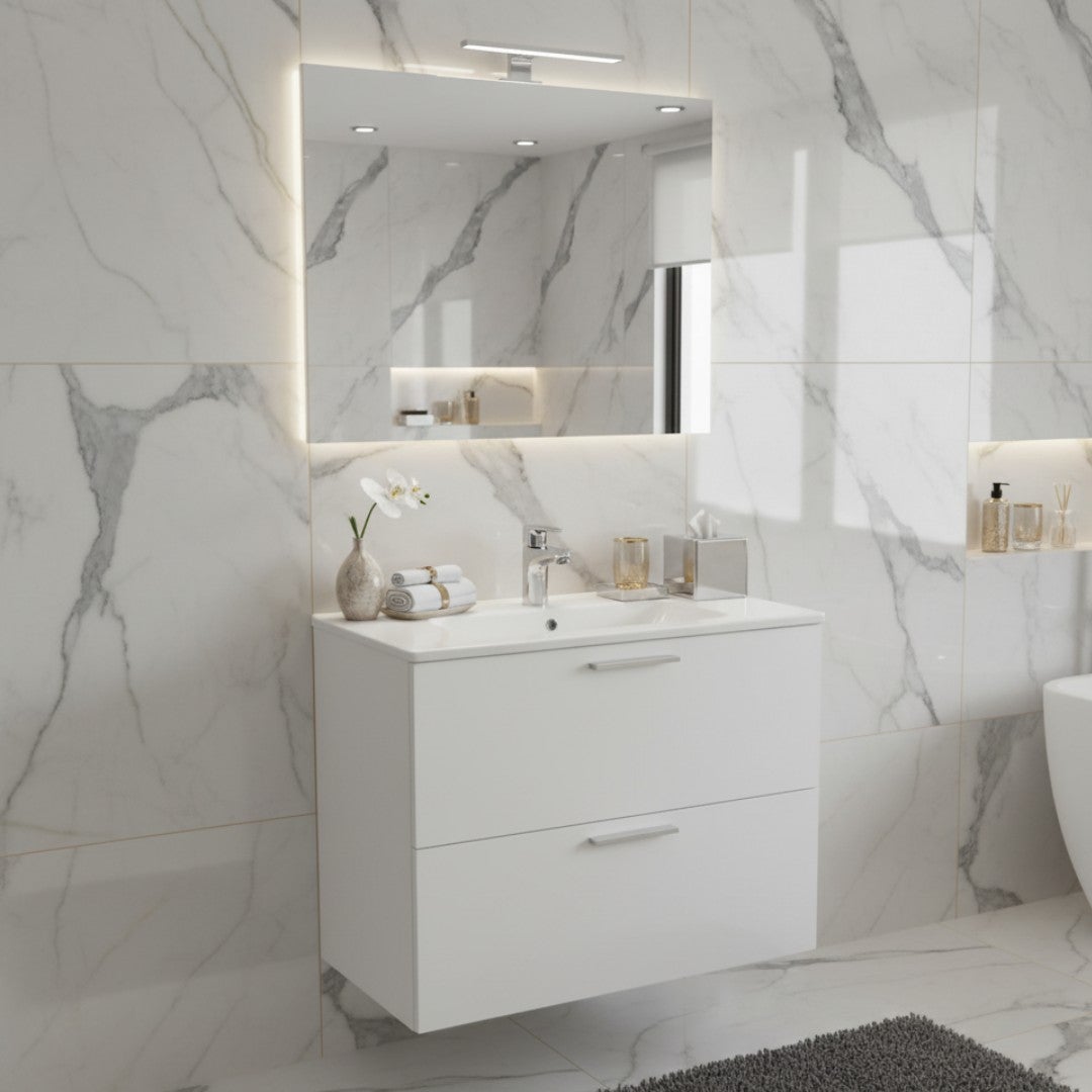 Mueble baño 80 cm blanco con 2 cajones incl. lavabo y espejo con luz - Mia | Vitra - 4