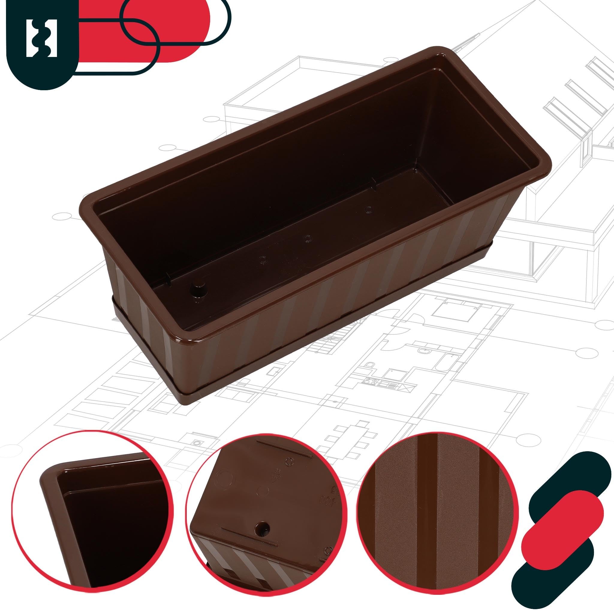Doniczka - Skrzynka Balkonowa - 40 x 18 x 14 cm - Skrzynia na Balustradę Balkon - Donica z Podstawką - Brąz KOTARBAU - 5