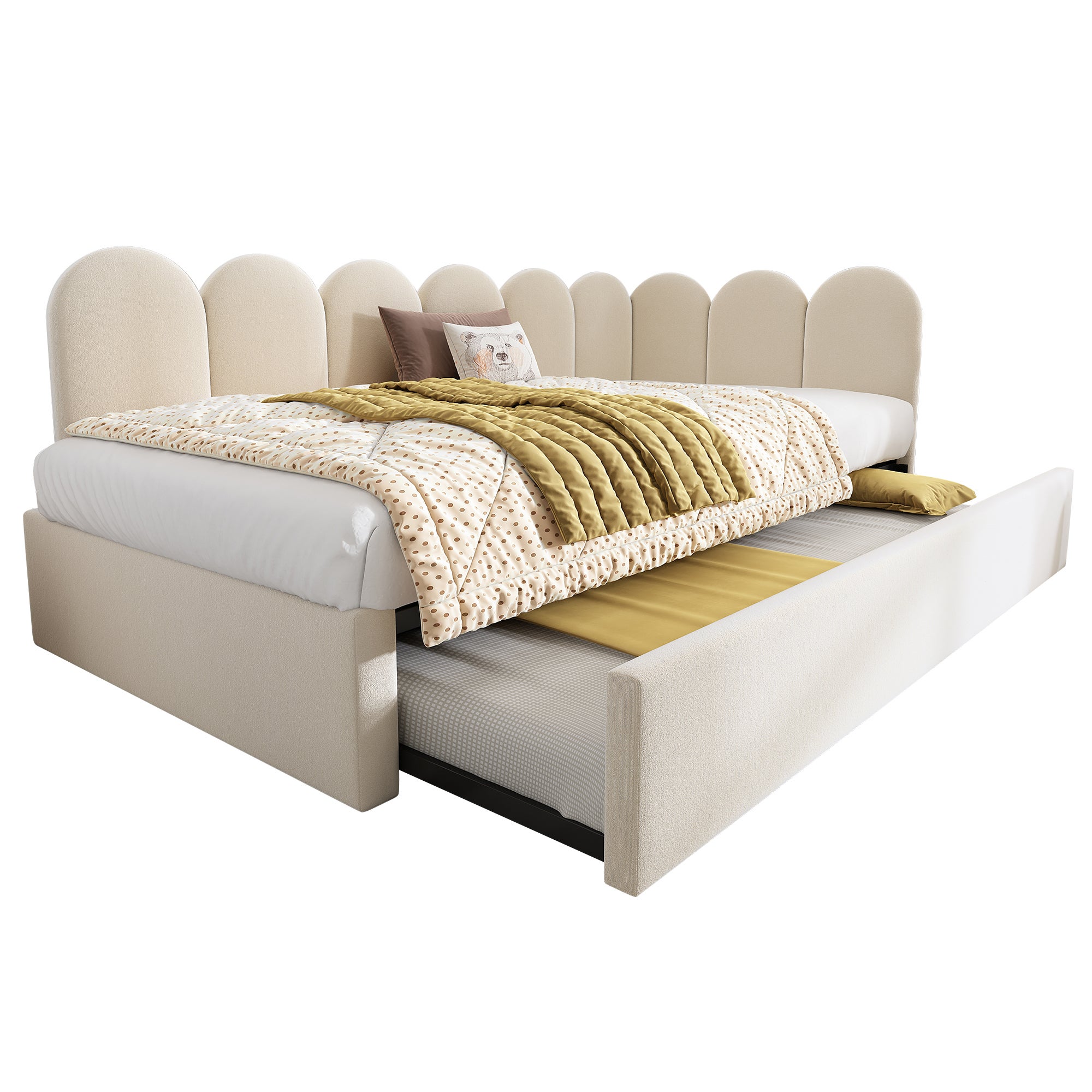 Lit banquette 90x200 cm – canapé-lit avec lit gigogne 90x190 cm, sommier à lattes, revêtement en velours – beige - 7