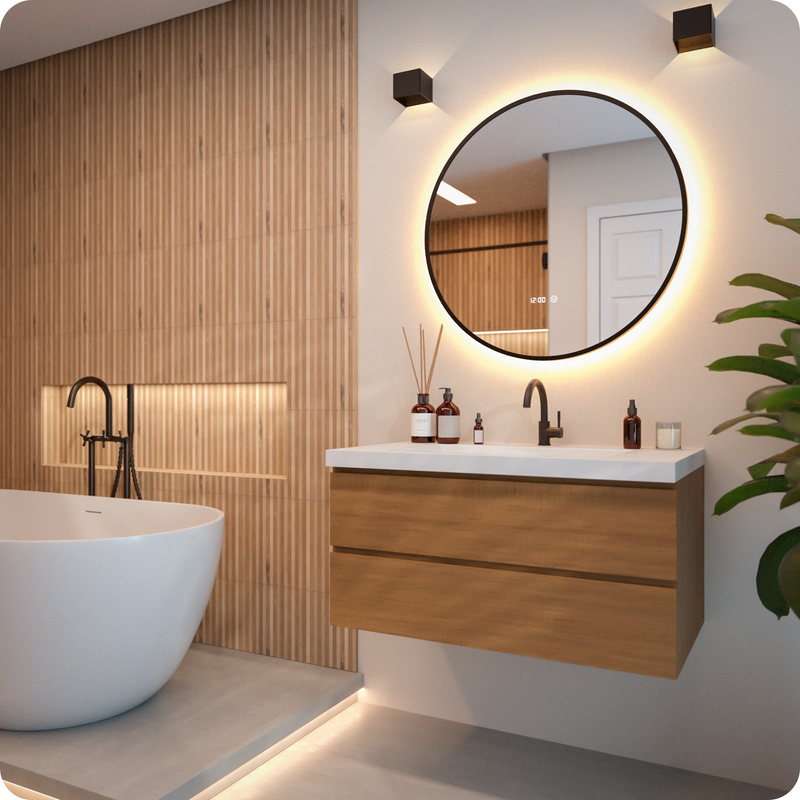 Mirlux Miroir de salle de bain avec éclairage LED et fonction chauffante - Miroir mural rond - Anti-condensation - Noir mat - 80 cm - 2