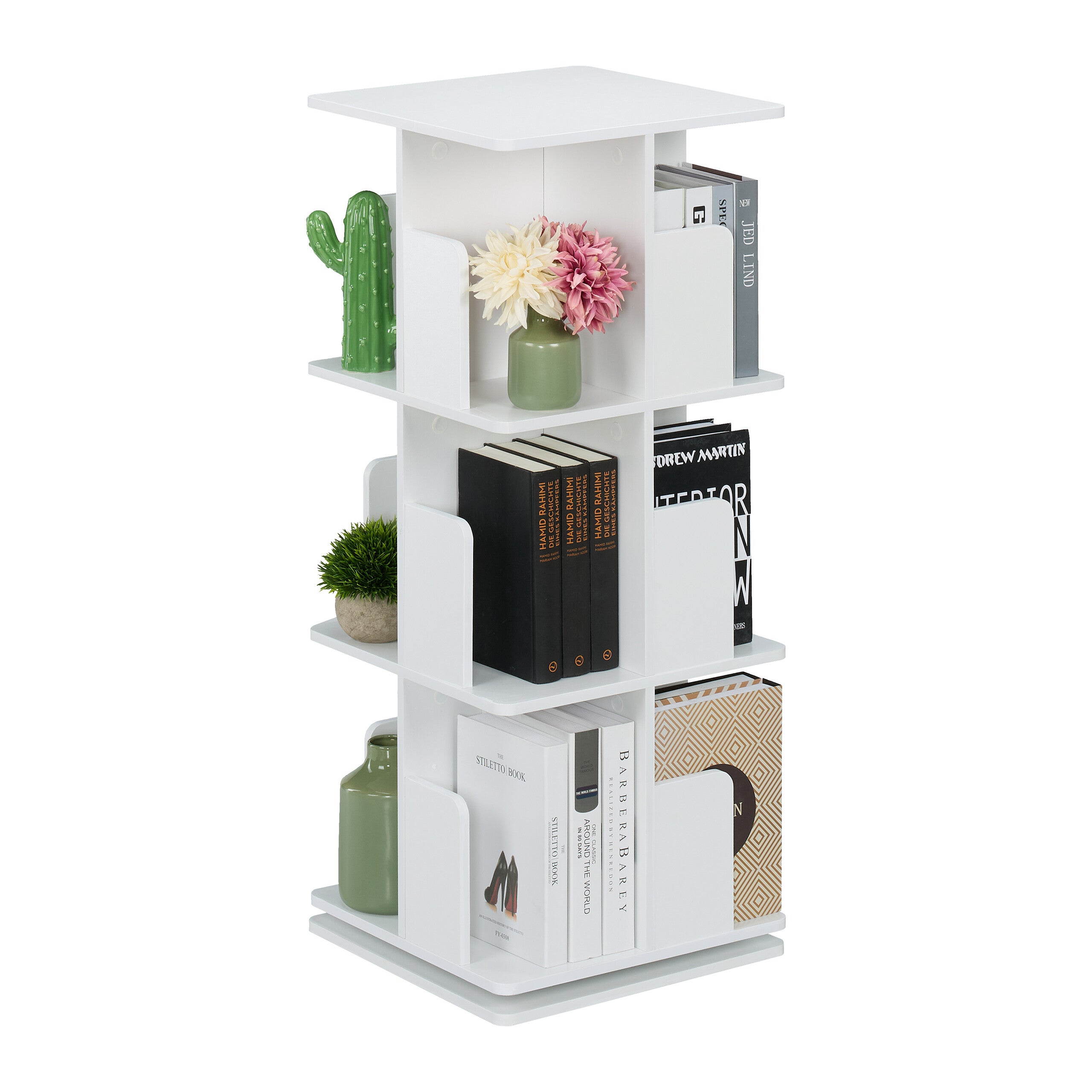 Libreria Girevole A 3 Ripiani LANTUS 40x40x97 Cm – In Legno MDF, Rotazione 360°, Per Soggiorno, Studio O Ufficio