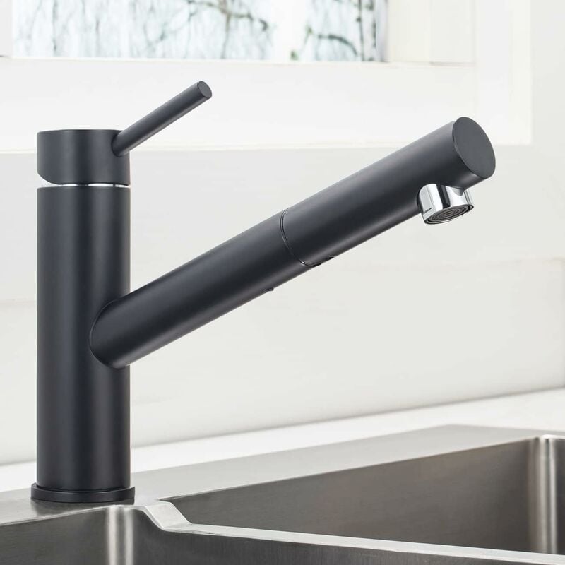 Czarny kran kuchenny z wyciąganą wylewką, obrotowy kran zlewozmywakowy z wyciąganą wylewką 360°, regulowany kran z ciepłą i zimną wodą ze stali nierdz