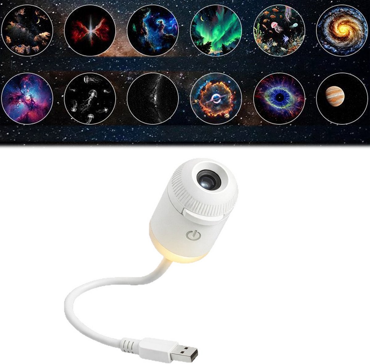 Proiector de stele și lumină de noapte 2 în 1, 12 filme interschimbabile, flexibilitate la 360 de grade, USB, proiecții Calea Lactee și Galaxie, alb