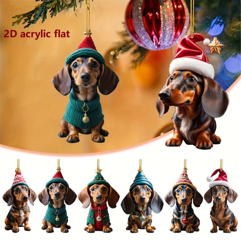 décoration de Noël teckel, pendentif chien acrylique 2D, amusante pour sapin, cadeau amoureux des chiens - 3
