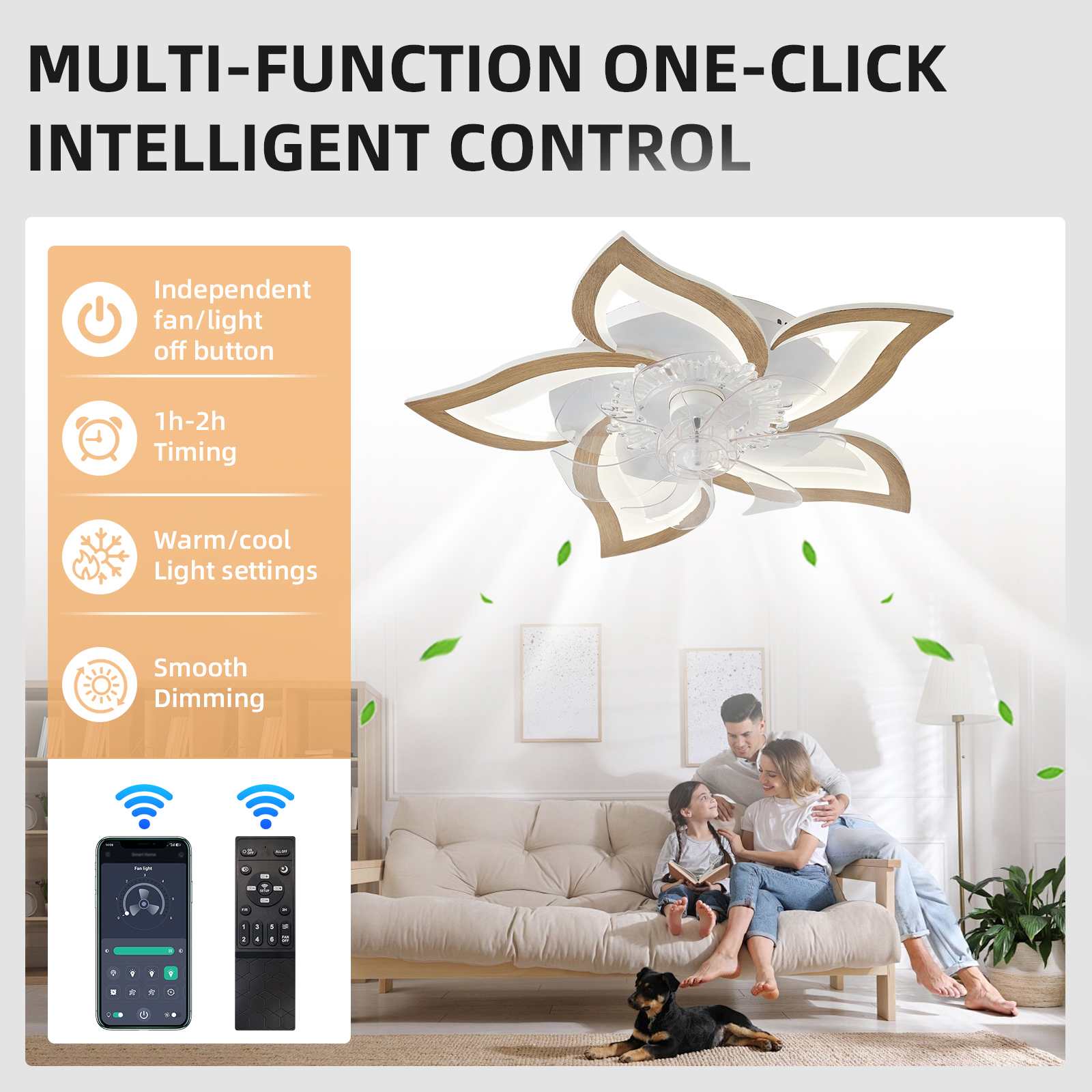 Ventilateur lumineux caché en forme de fleur | Lampe de plafond intelligente avec télécommande et réglage de couleur | Pour 10-15 m² - 4