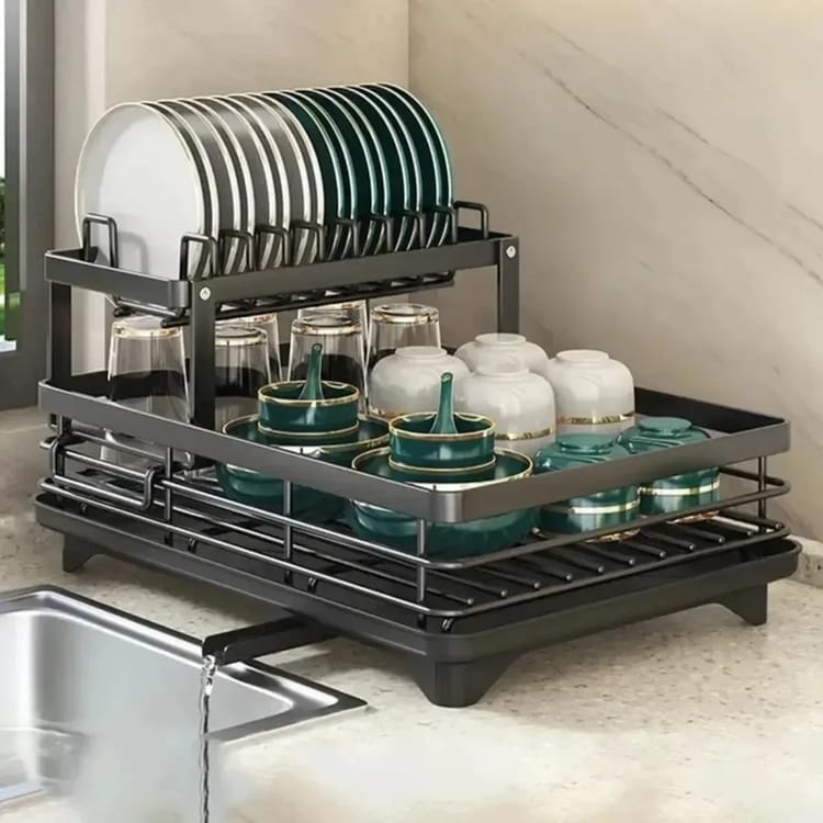 Escurridor de platos ajustable de acero inoxidable de 2 niveles KAKET - Escurreplatos para platos y cuencos, organizador de cocina - 8