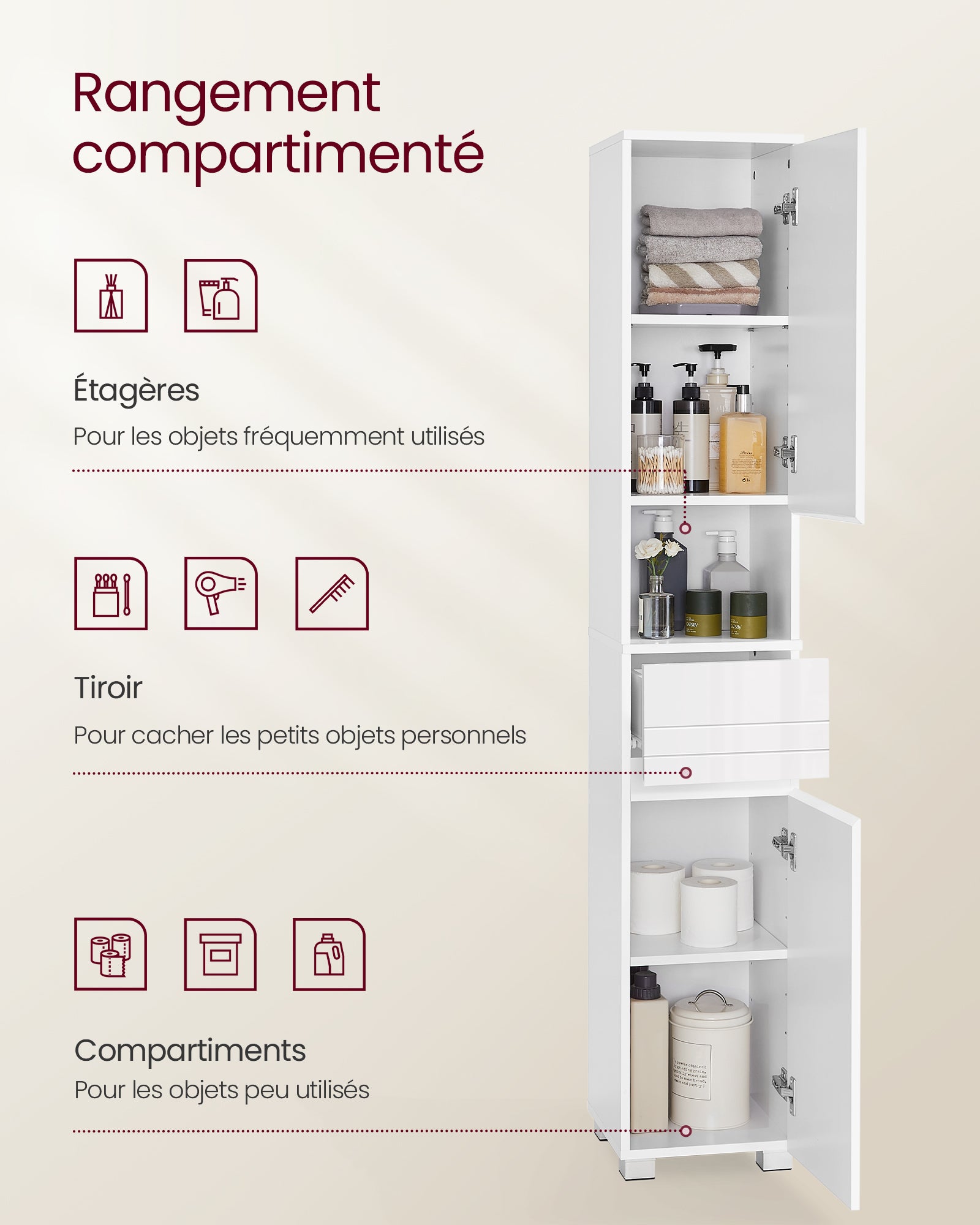 Colonne de Salle de Bain, avec Tiroir, Étagères Réglables, Compartiments, 30 x 30 x 170 cm, Blanc - 3