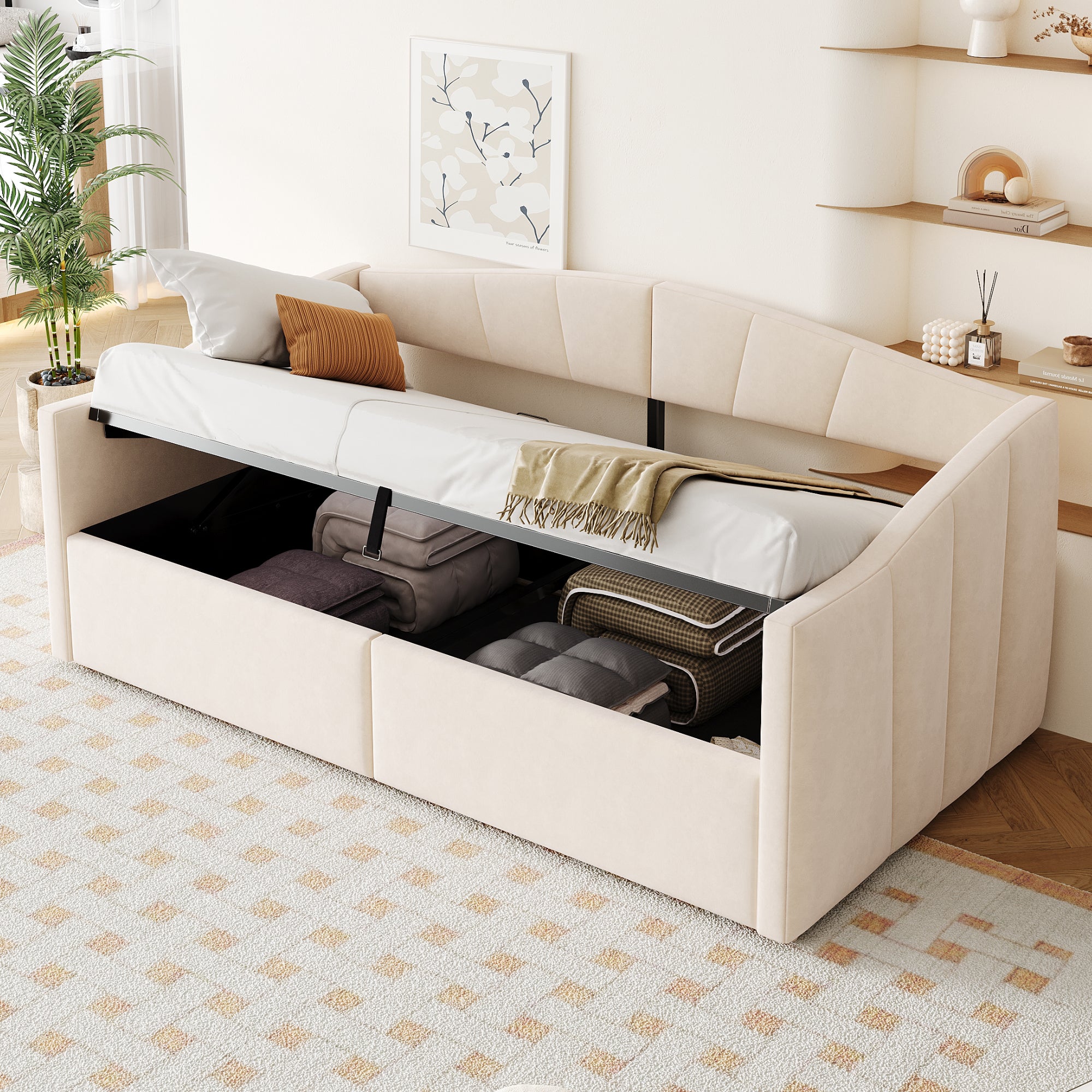 Łóżko z pojemnikiem 90 x 200 cm, podłokietnikami i stelażem listwowym, sofa rozkładana - tkanina aksamitna - dla dzieci - beżowe