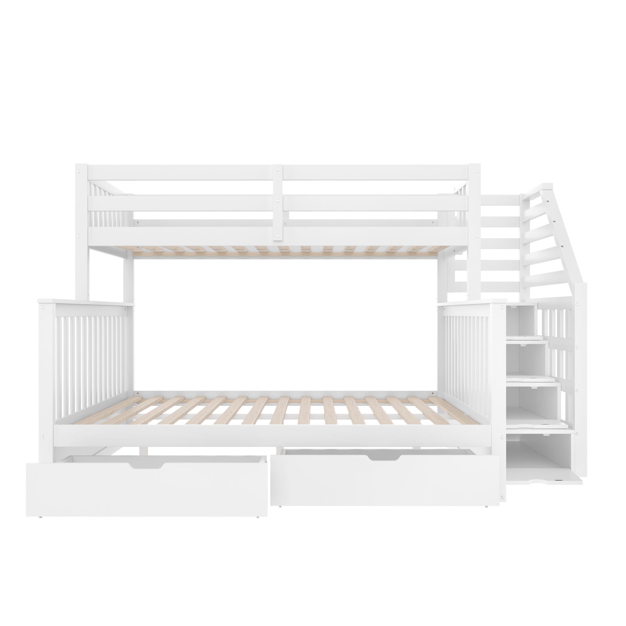 Lit superposé enfant 90x200cm et 140x200cm avec 2 tiroirs et un escalier de rangement, bois, blanc - 8