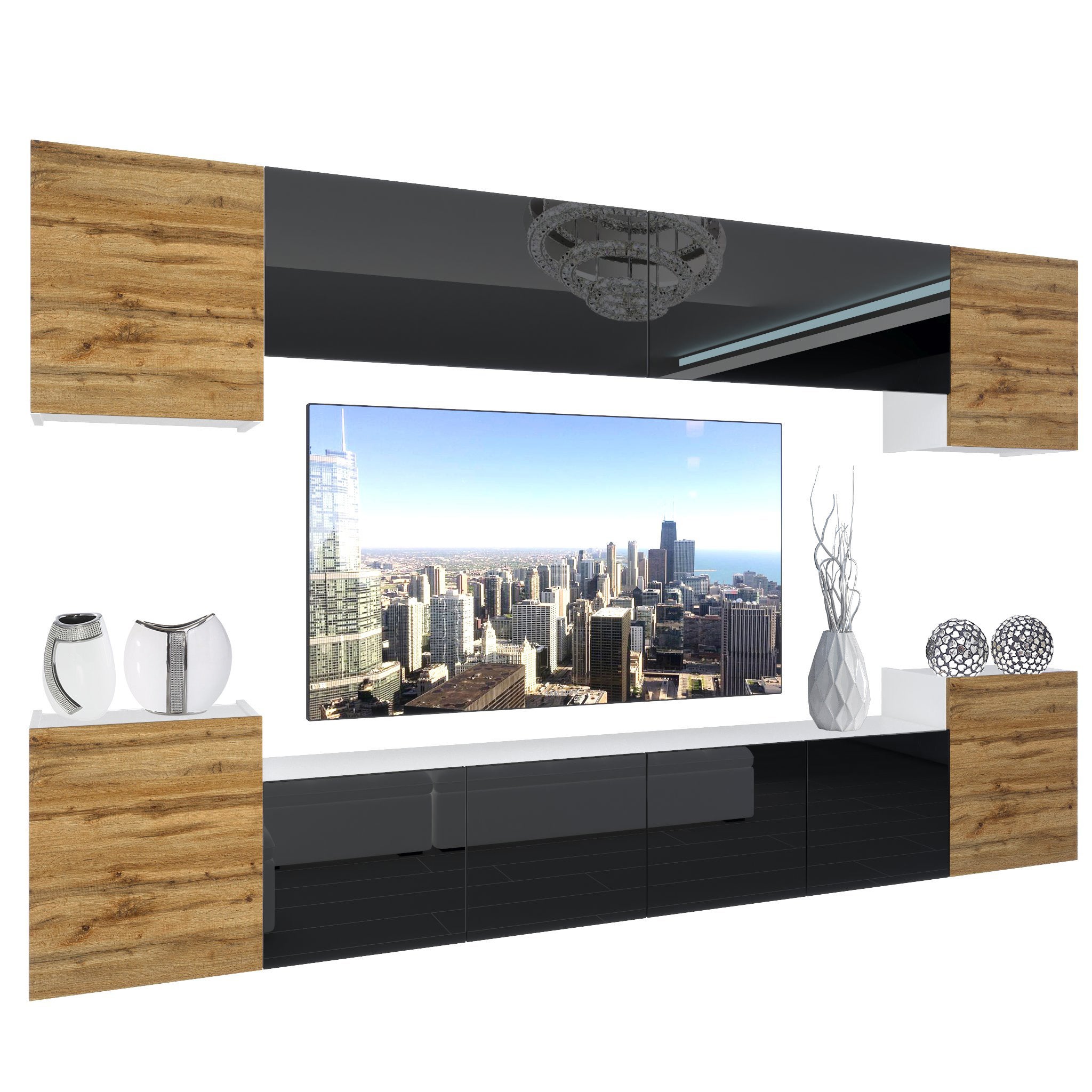 Meuble TV Mural BELINI NEX I - Ensemble Salon Noir Brillant Avec éclairage LED - Dimensions 300x180x36cm