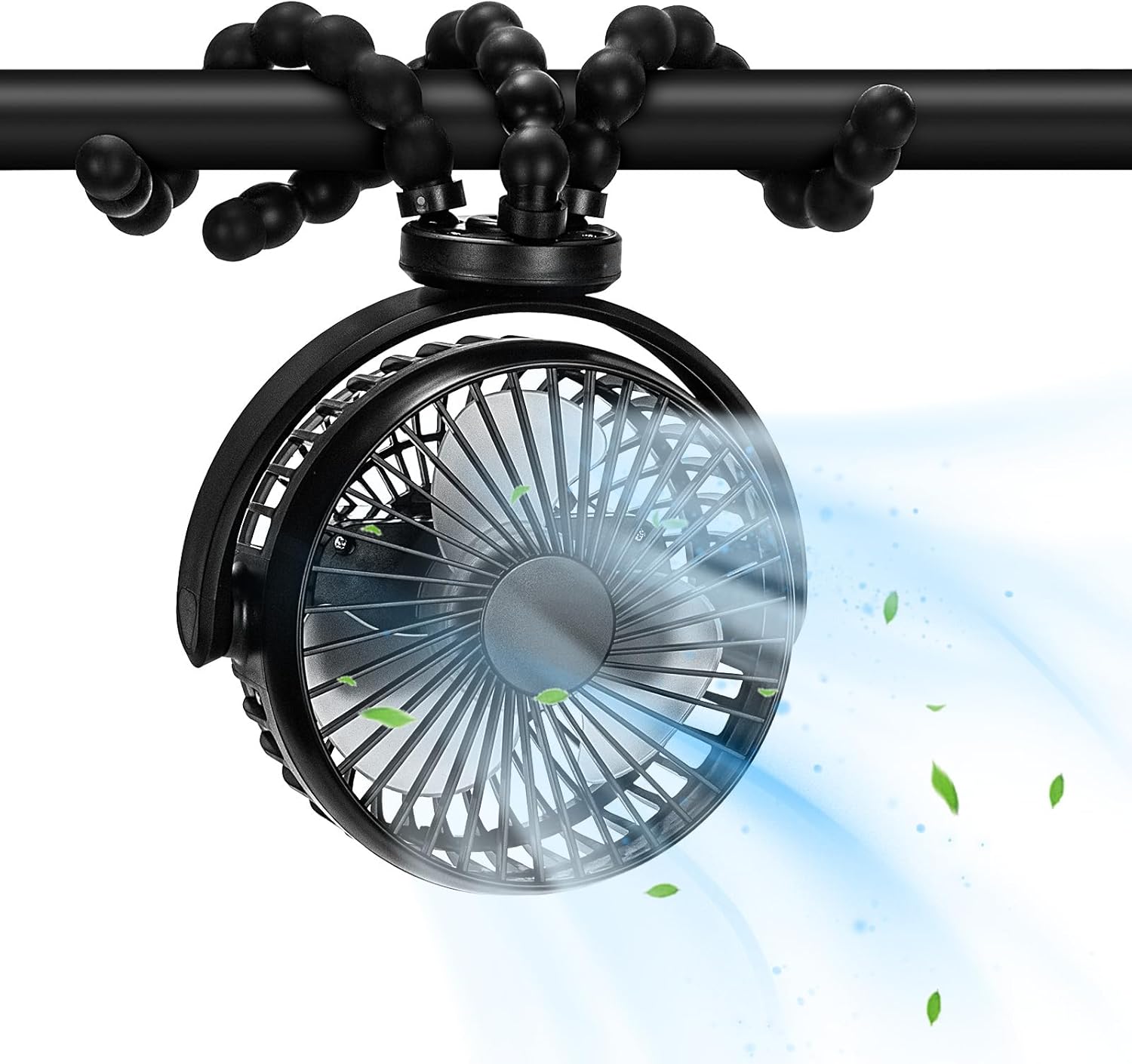 Miniaturowy, przenośny wentylator do wózka, obrotowy o 360°, odpowiedni do fotelików samochodowych, łóżeczek, wózków dziecięcych, czarny