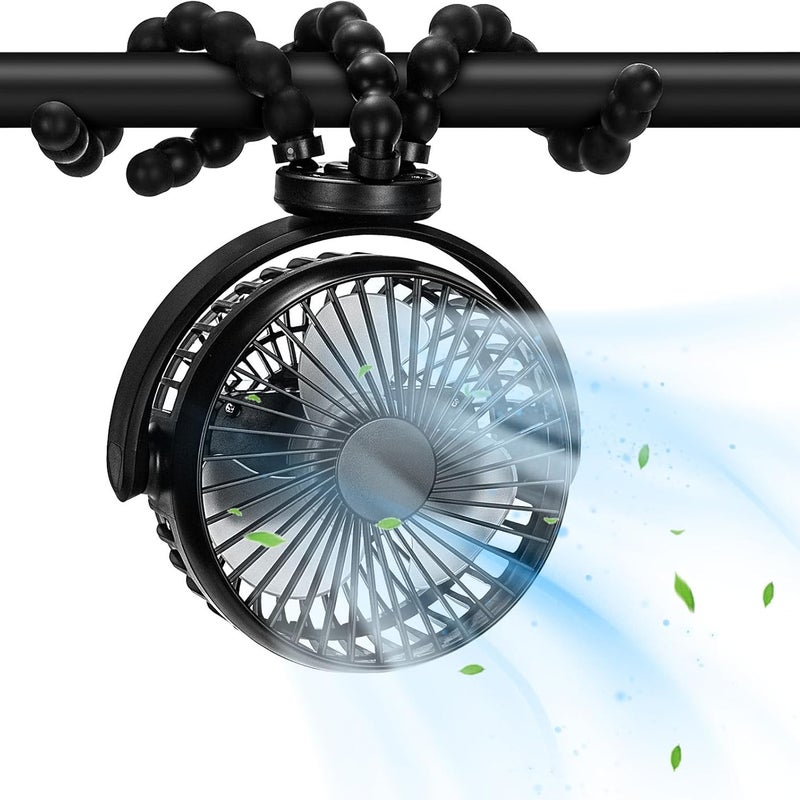 Miniaturowy, przenośny wentylator do wózka, obrotowy o 360°, do fotelika samochodowego, łóżeczka, bieżni, czarny