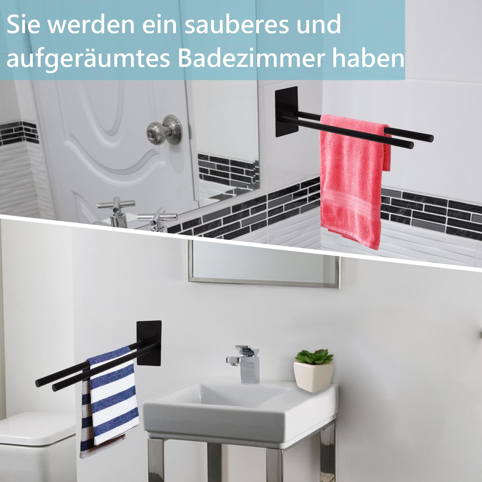 Porte-serviettes noir auto-adhésif à Double bras, en acier inoxydable 304, sans perçage, pour salle de bain, cuisine - 6