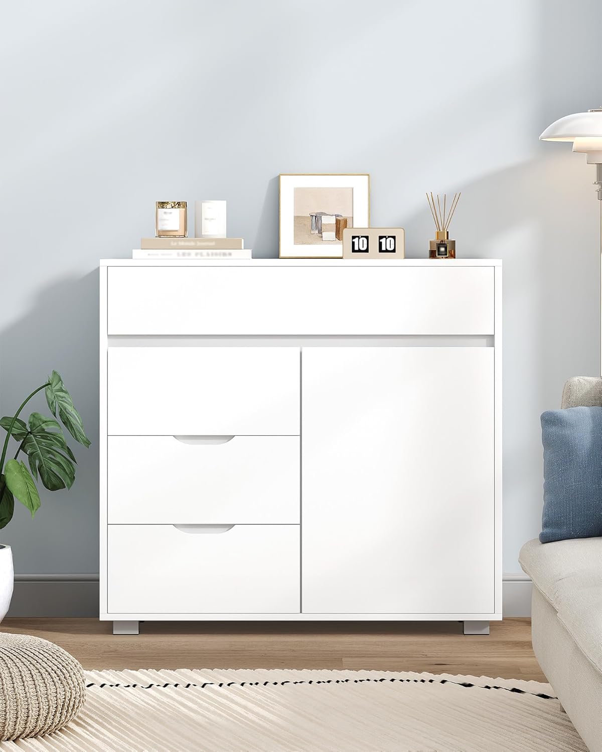 Meuble Salle de Bain, Armoire de Rangement avec Étagère Réglable, Commode avec 4 Tiroirs et 1 Porte, Moderne, pour Salon, Salle de Bain, Blanc - 5