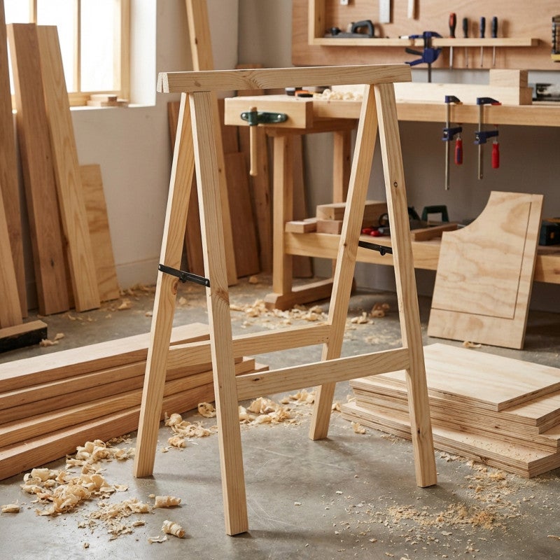 Cavalletto pieghevole in legno per lavorazione del legno e fai da te 74x73,5 cm | Cavalletto per montaggio assi e taglio legno - 7