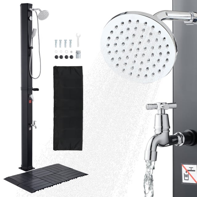 Douche Solaire VEVOR 40 L, pour Jardin, Hauteur Pommeau 2 m, avec Robinet Lavage des Pieds, Kit Plancher, Douchette, Réglage Eau Chaude Froide, Noir
