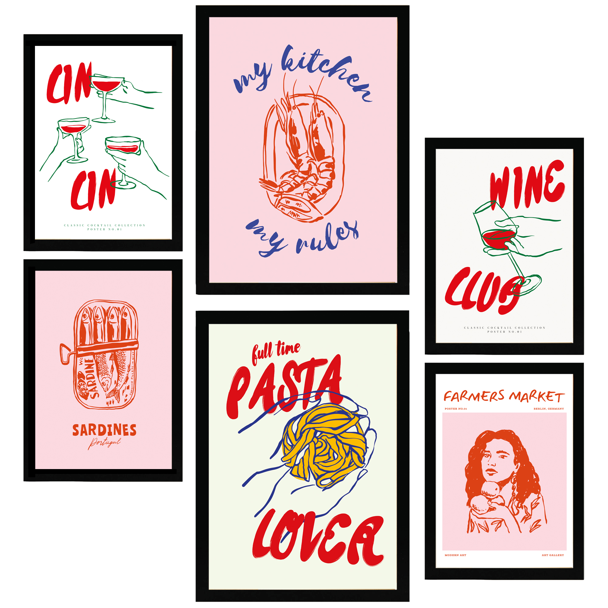 Nacnic set de 6 pósters ilustraciones de alimentos y comida estilo pop art tonos rosas marco negro