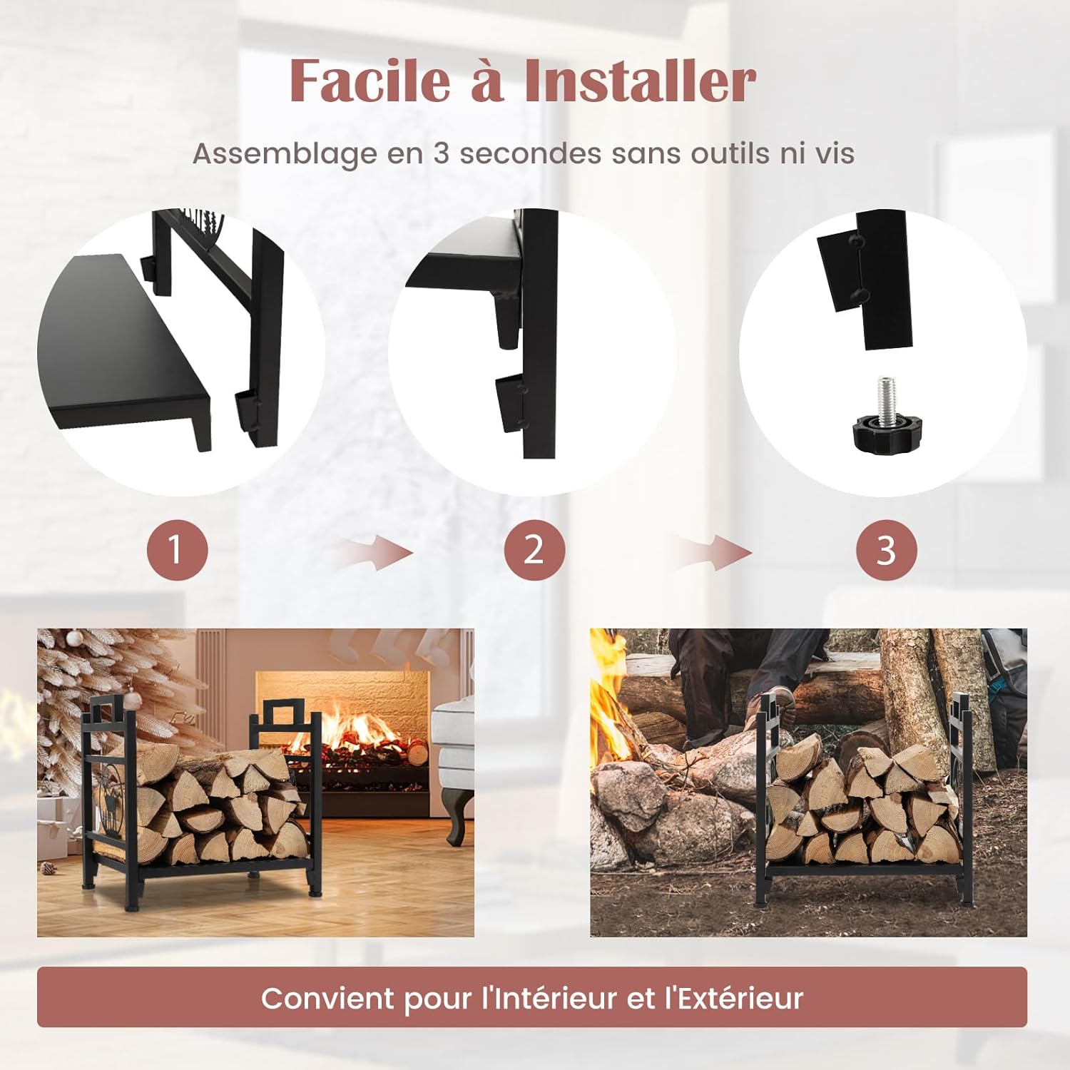 Étagère à Bois de Cheminée en Métal, Porte-Bûches Décoratif avec Base Surélevée et Pieds Réglables, 46X34X45 CM, Noir - 2