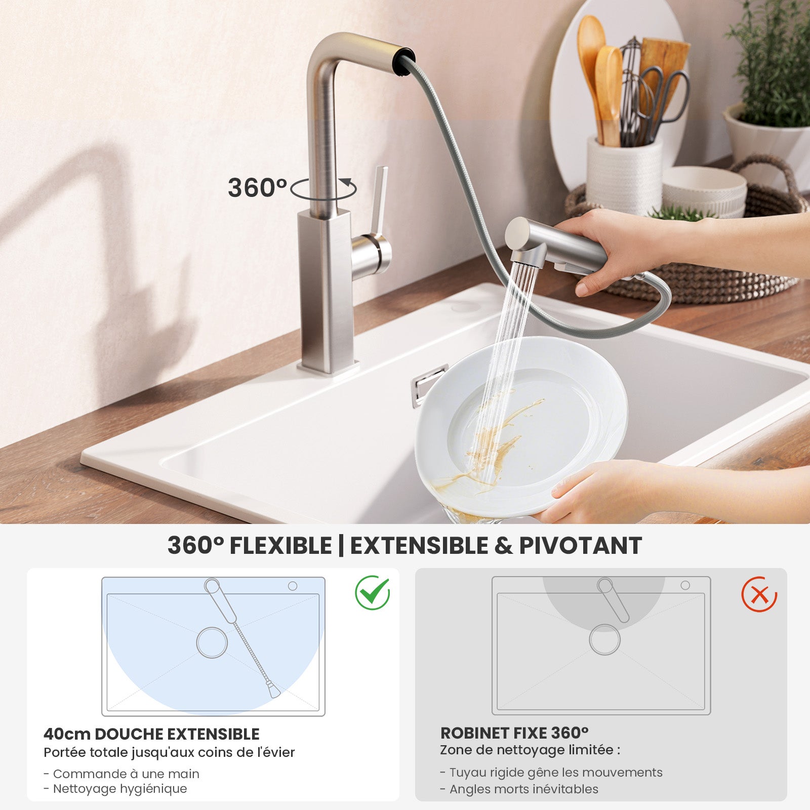 Brossé Robinet de Evier Avec 2 modes d'eau - Robinet de Cuisine avec Douchette Extractible - Mitigeur de Cuisine en Inox - 3