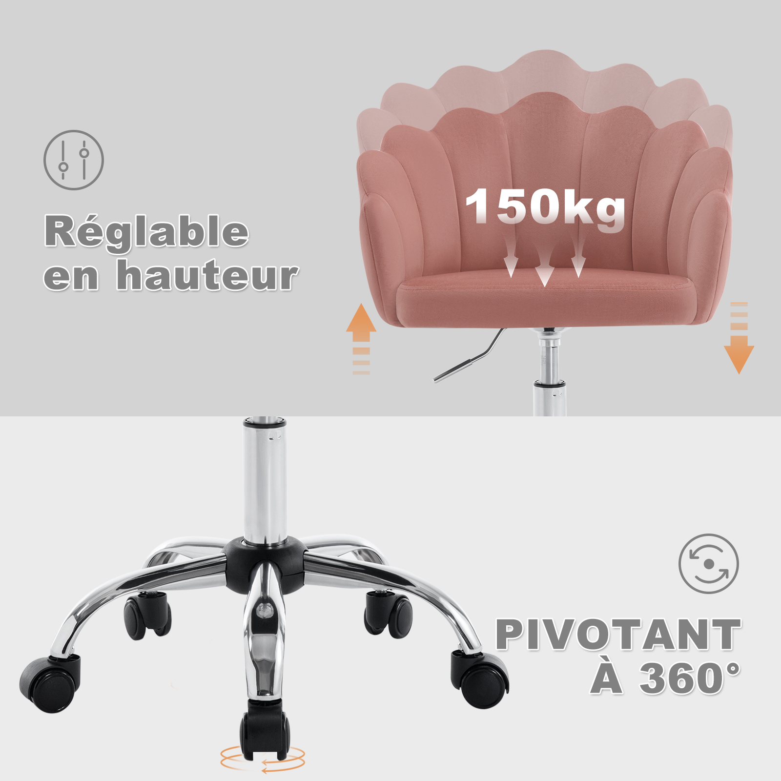 Chaise Bureau en Velours + Métal，Chaise Coiffeuse，Fauteuil Coquillage，Chaise de Bureau ，Hauteur Réglable，Rose, WOLTU - 3