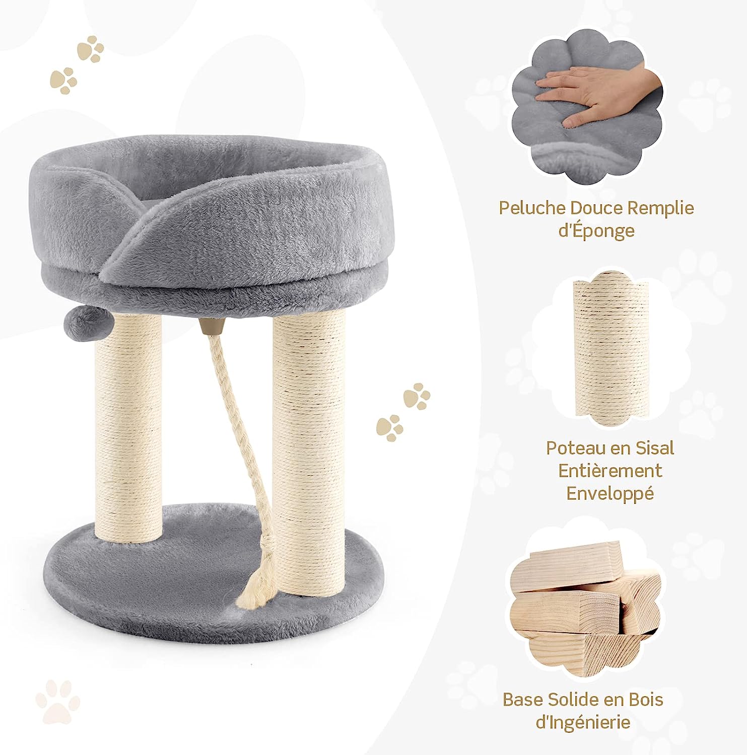 Tiragraffi per Gatti, Albero Tiragraffi Gatto con Cuccia in Peluche, Pallina, Corde e Tiragraffi in Sisal, Tiragraffi da Divano in Legno per G - 3