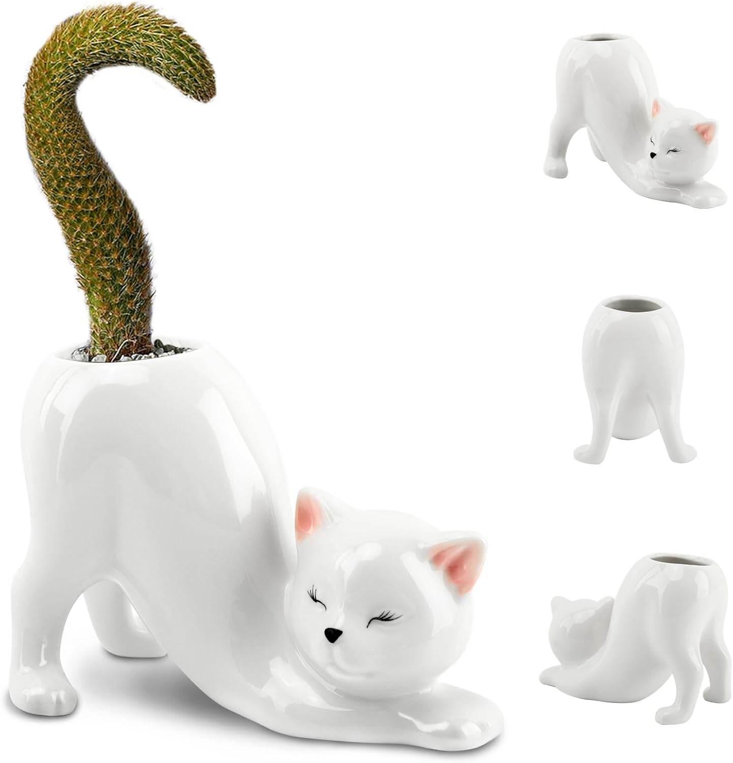 Maceta de cerámica con forma de gato para plantas de interior, suculentas y cactus. maceta decorativa de mesa, color blanco.