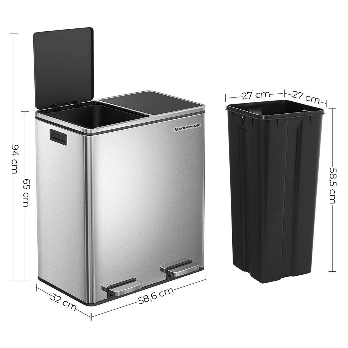 Poubelle à Double Compartiment 2 x 30L, avec 15 Sacs Poubelles, Pédales en Métal - 7
