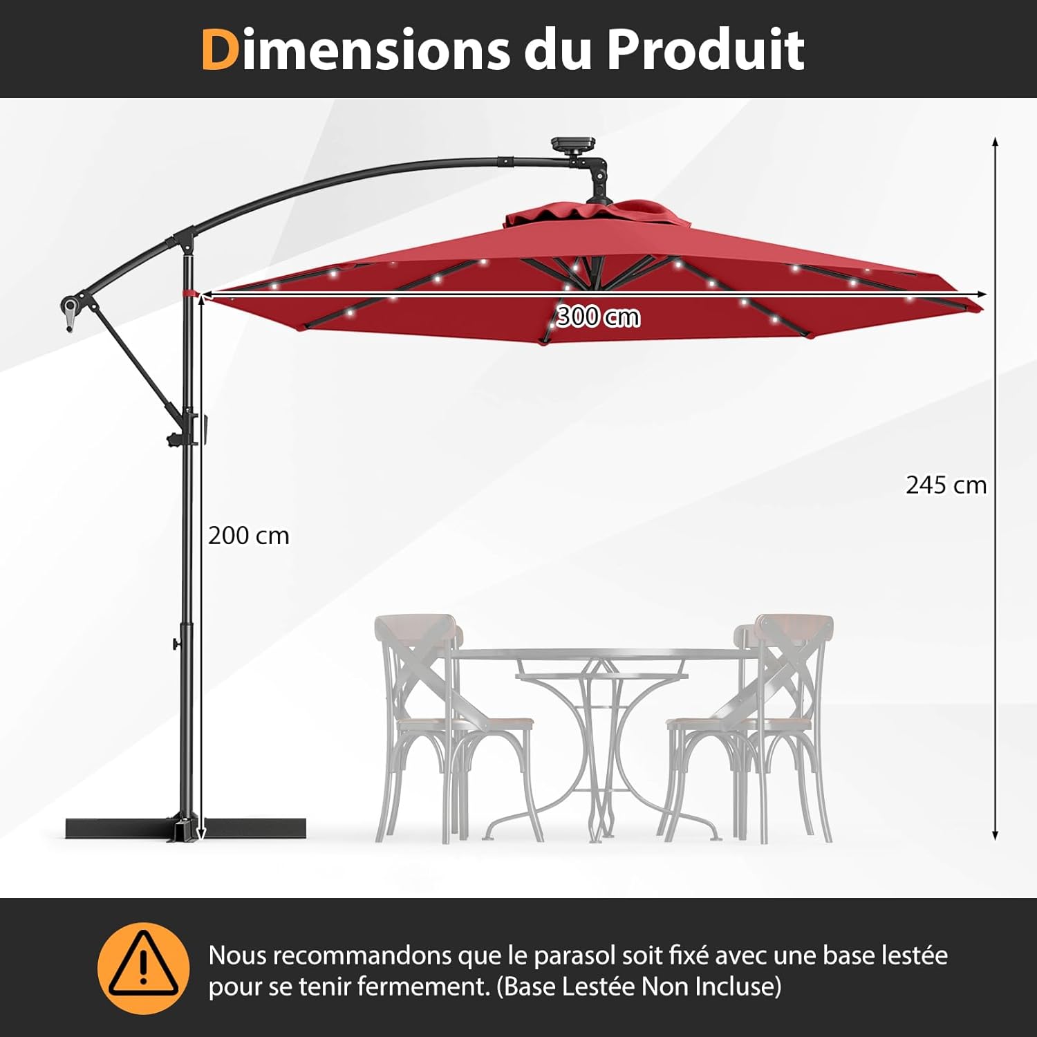 Parasol Déporté 3M avec 32 LED Solaires, Parasol de Jardin 8 Baleines avec Tissu Protection Solaire, Parasol Inclinable Rotatif à 360° (Rouge) - 2