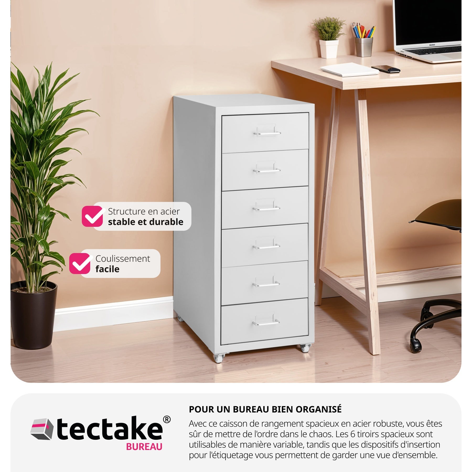 Caisson de bureau roulant en métal 41x28x69cm en acier TECTAKE - 5