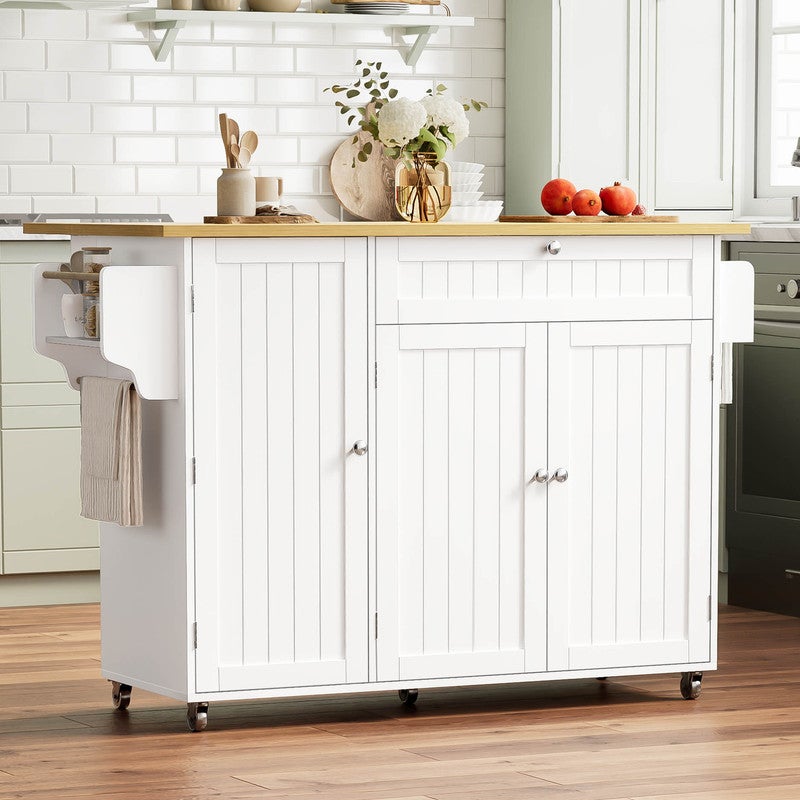 Îlot de cuisine mobile avec 1 tiroir,Chariot de cuisine avec plateau rabattable, Table de bar avec 3 étagères avec portes,Blanc 120×45-70×92 cm - 3