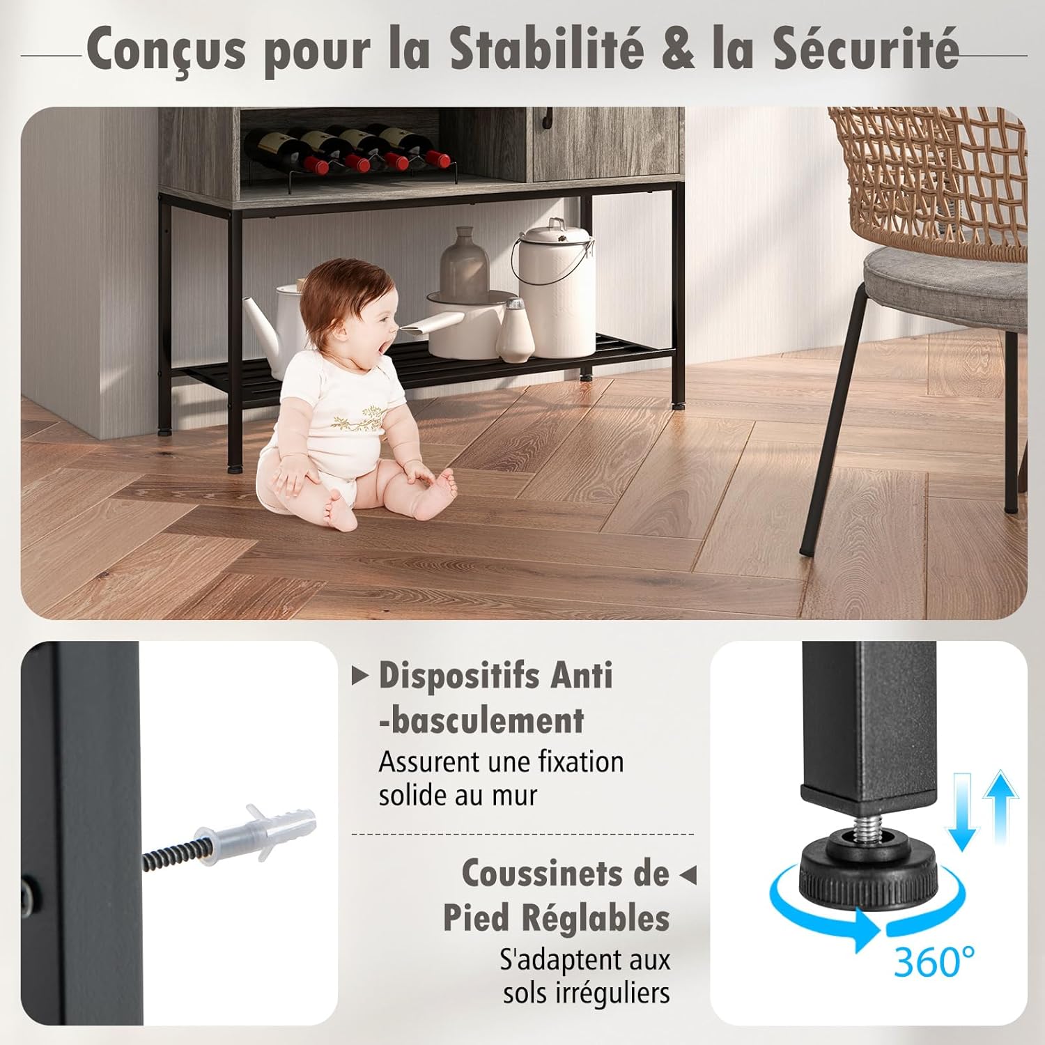 Credenza Buffet da Cucina, Mobile da Cucina con Portabottiglie e Mensole, per Sala da Pranzo, Soggiorno e Ingresso, 100 x 35 x 83 cm (Grigio) - 6