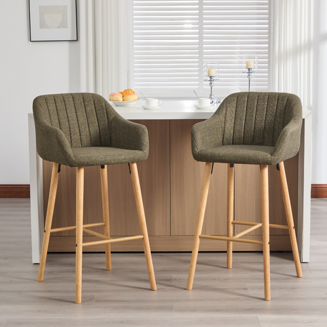 Lot de 2 tabourets de bar, avec dossier haut accoudoirs, assise en lin vert